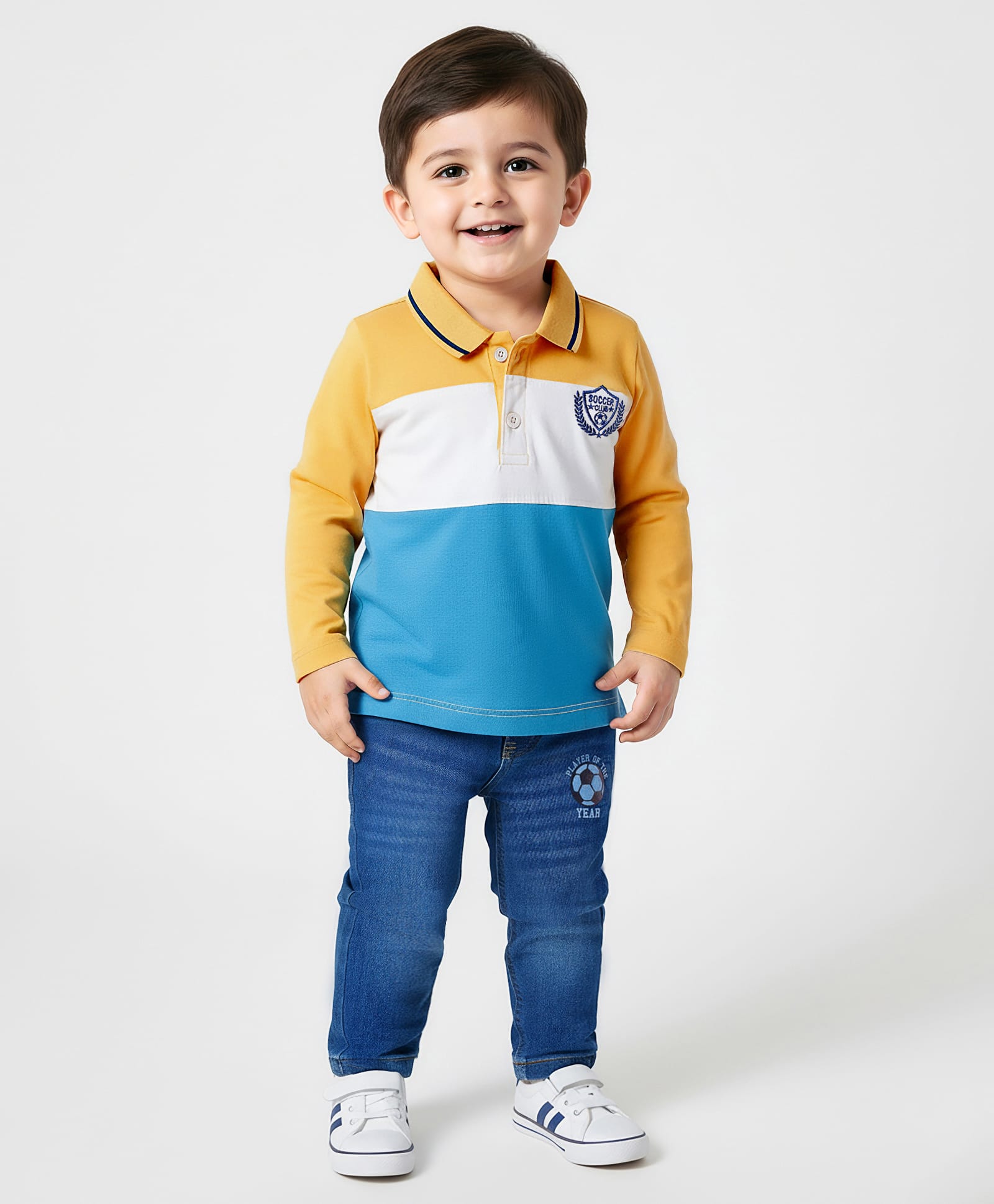 Babyhug Single Jersey Knit Full Sleeves Polo T-Shirt & Jeans Set with Soccer Embroidery & Football Print - Yellow & Blue-image-33