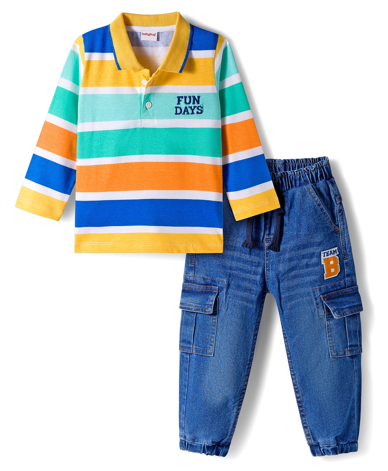 Babyhug Terry Knit Full Sleeves T-Shirt & Denim Jeans Set With Stripes & Text Embriodery - Blue-image-1