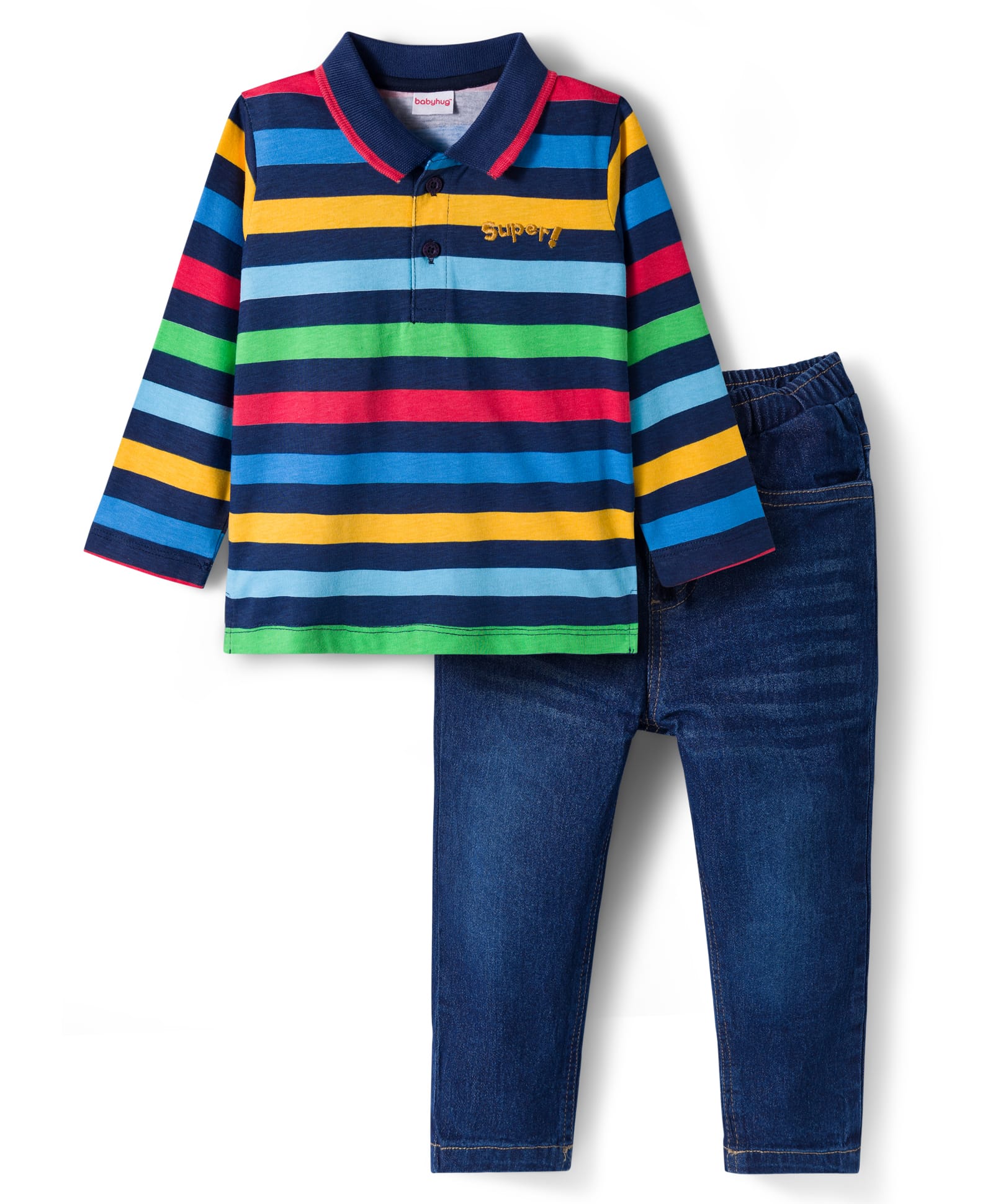 Babyhug Single Jersey Knit Full Sleeves T-Shirt & Denim Jeans Set With Stripes - Blue-picture-22