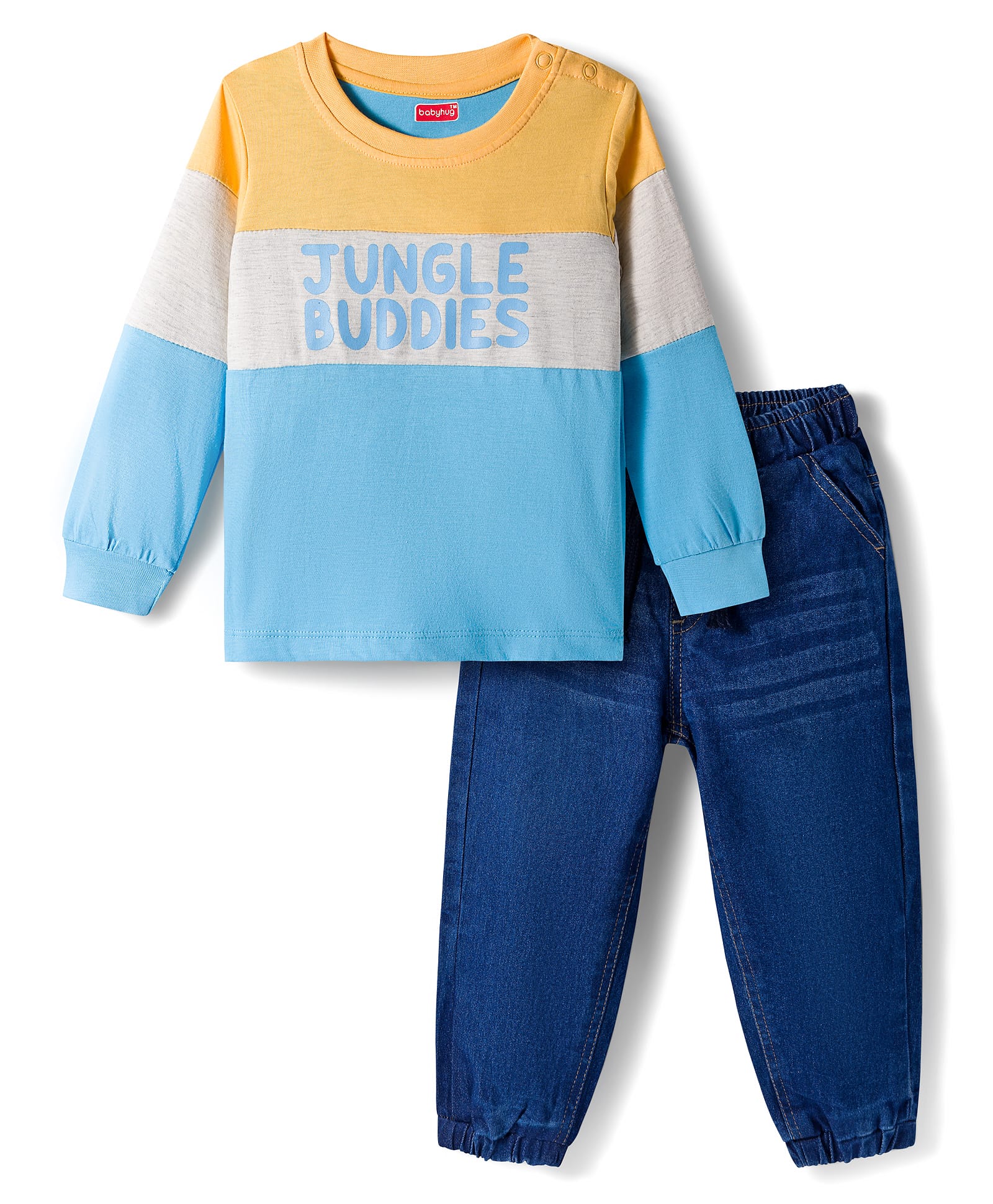 Babyhug Knit Premium Light Gauge Terry Full Sleeves T-Shirt & Denim Jeans Set With Text Print & Cut & Sew Design - Blue-picture-28
