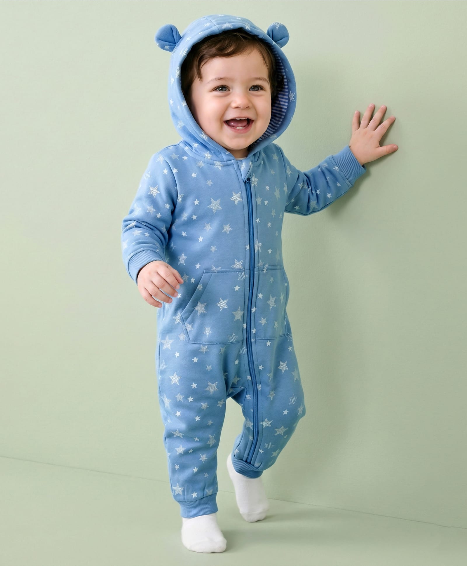 Mark & Mia Knit Full Sleeves Fleece Fabric Winter Wear Star Printed Hooded Romper With Kangaroo Pockets & Ear Applique - Blue-image-39