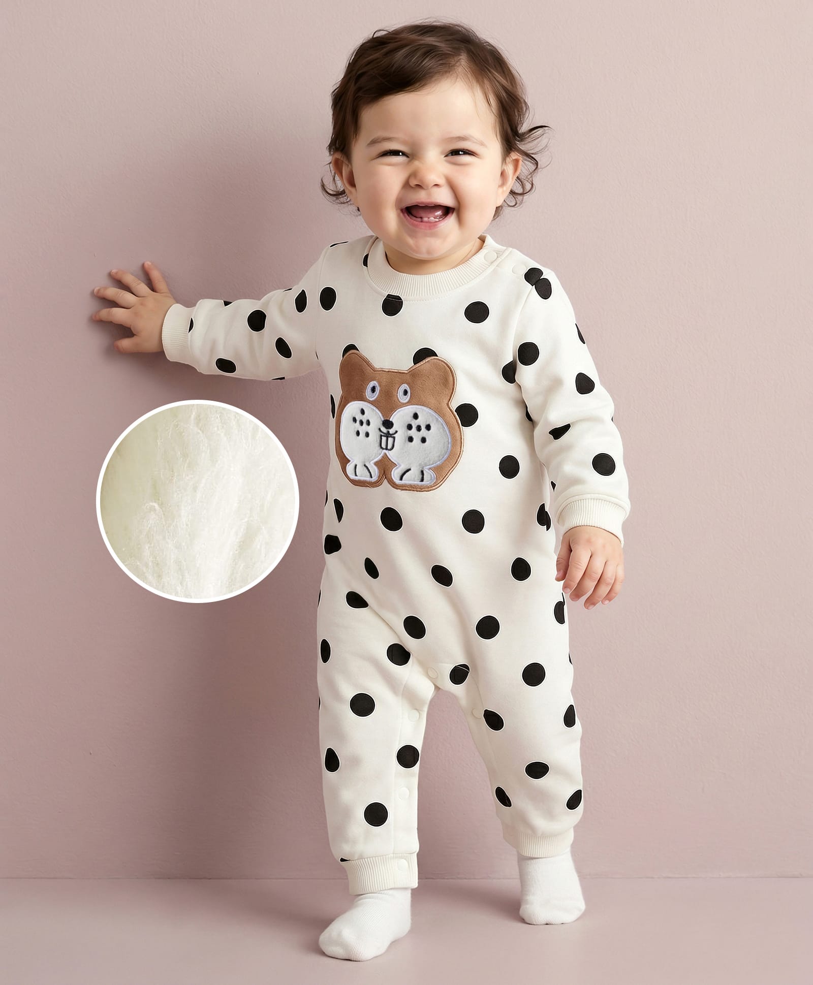 Mark & Mia Fleece Knit Full Sleeves Winter Wear Printed Romper with Polka Dot & Animal Applique Detailing - Cream-image-21