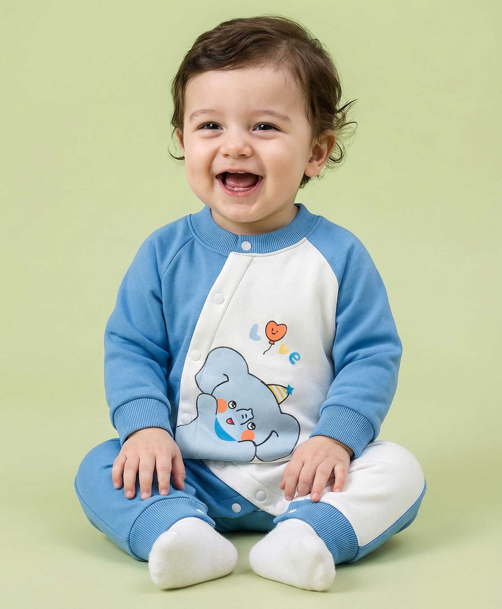 Mark & Mia Fleece Knit Full Sleeves Winter Wear Romper with Elephant Print - Blue & White-image-14