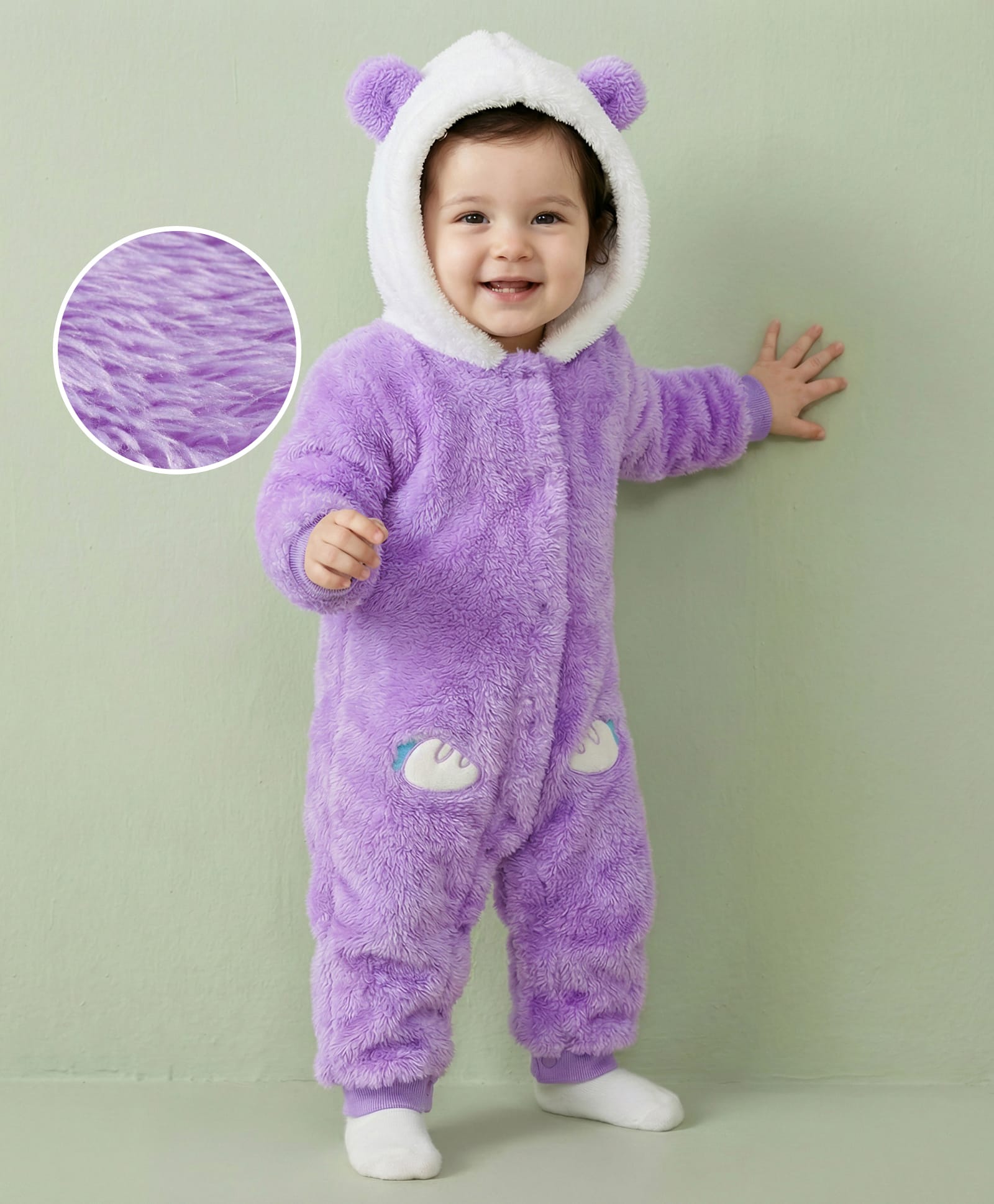 Mark & Mia Knit Full Sleeves Fur Winter Wear Hooded Romper with Embroidery & Ear Applique - Lavender-image-36