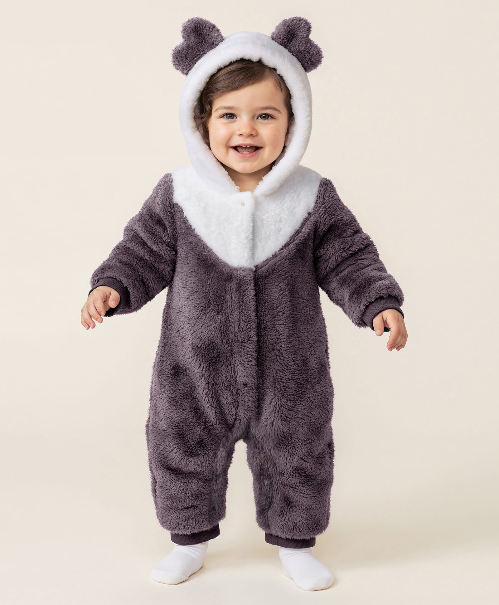 Mark & Mia Knit Full Sleeves Fur Fabric Winter Wear Hooded Romper With Ear Applique - Charcoal Grey-image-24