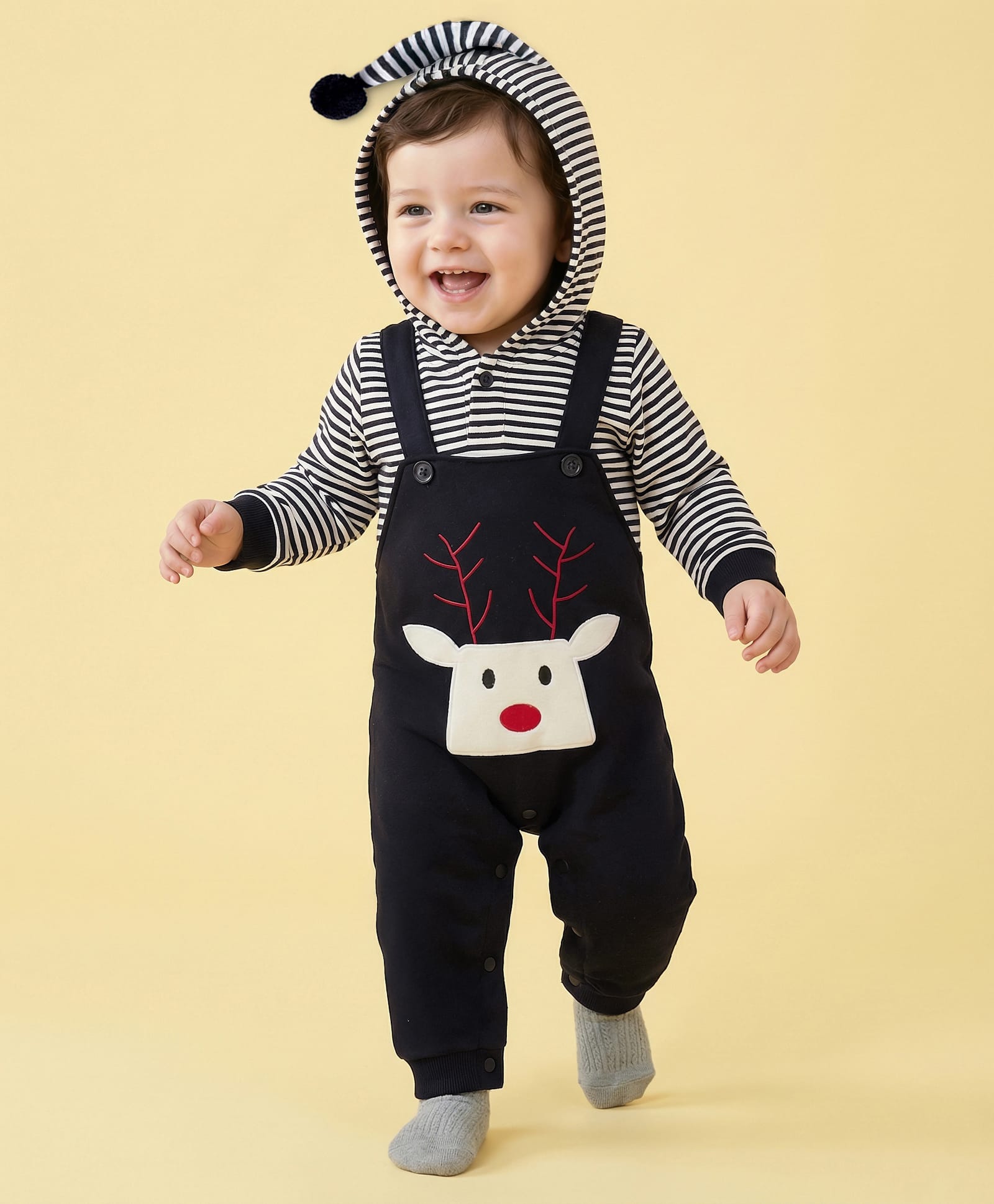 Mark & Mia Fleece Knit Full Sleeves Winter Wear Hooded Stripes Rompers with Animal Applique Detailing - Black-image-29