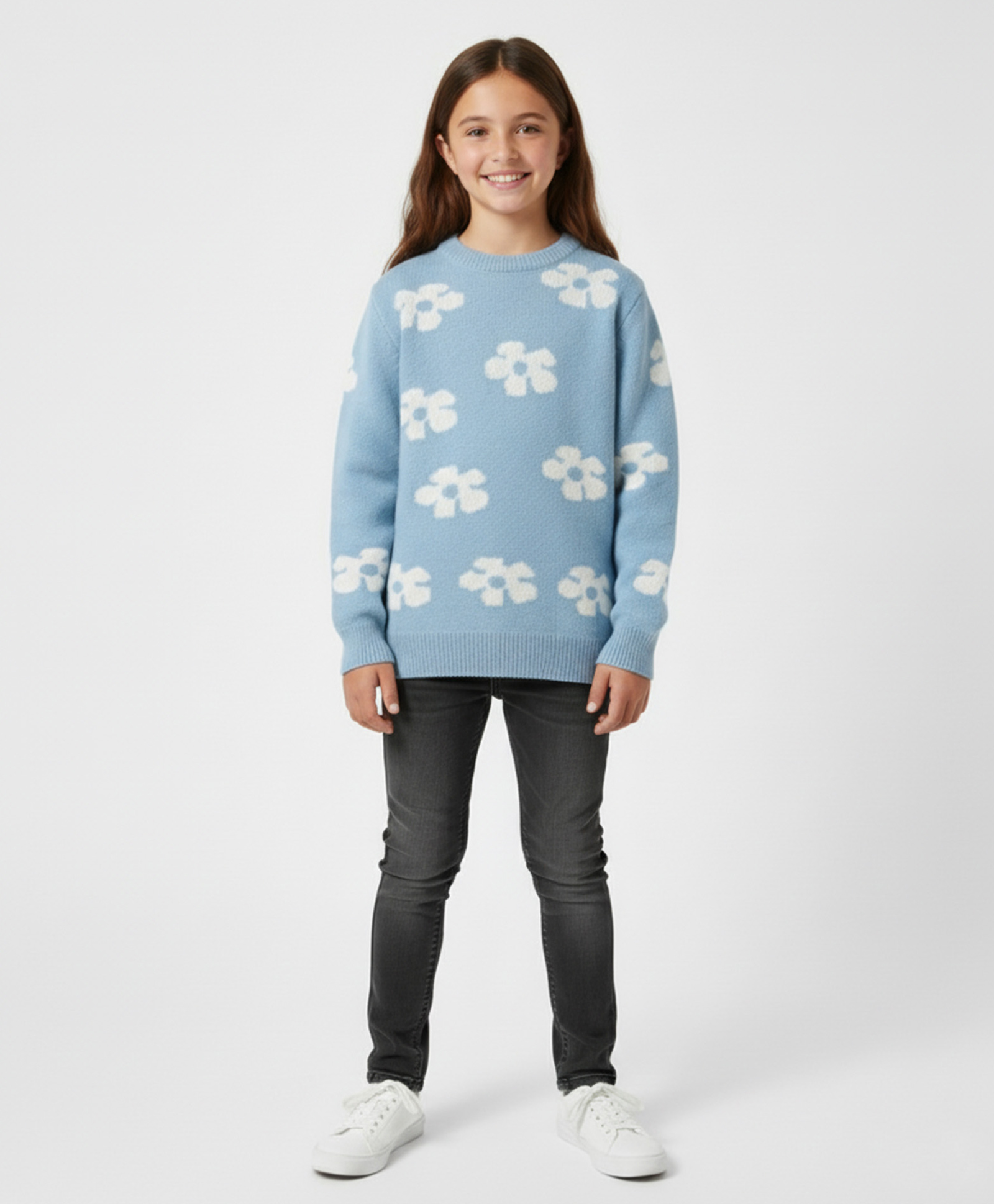 Kanvin Cotton Knit Full Sleeves Pullover Sweater with Floral Design - Light Blue-picture-26