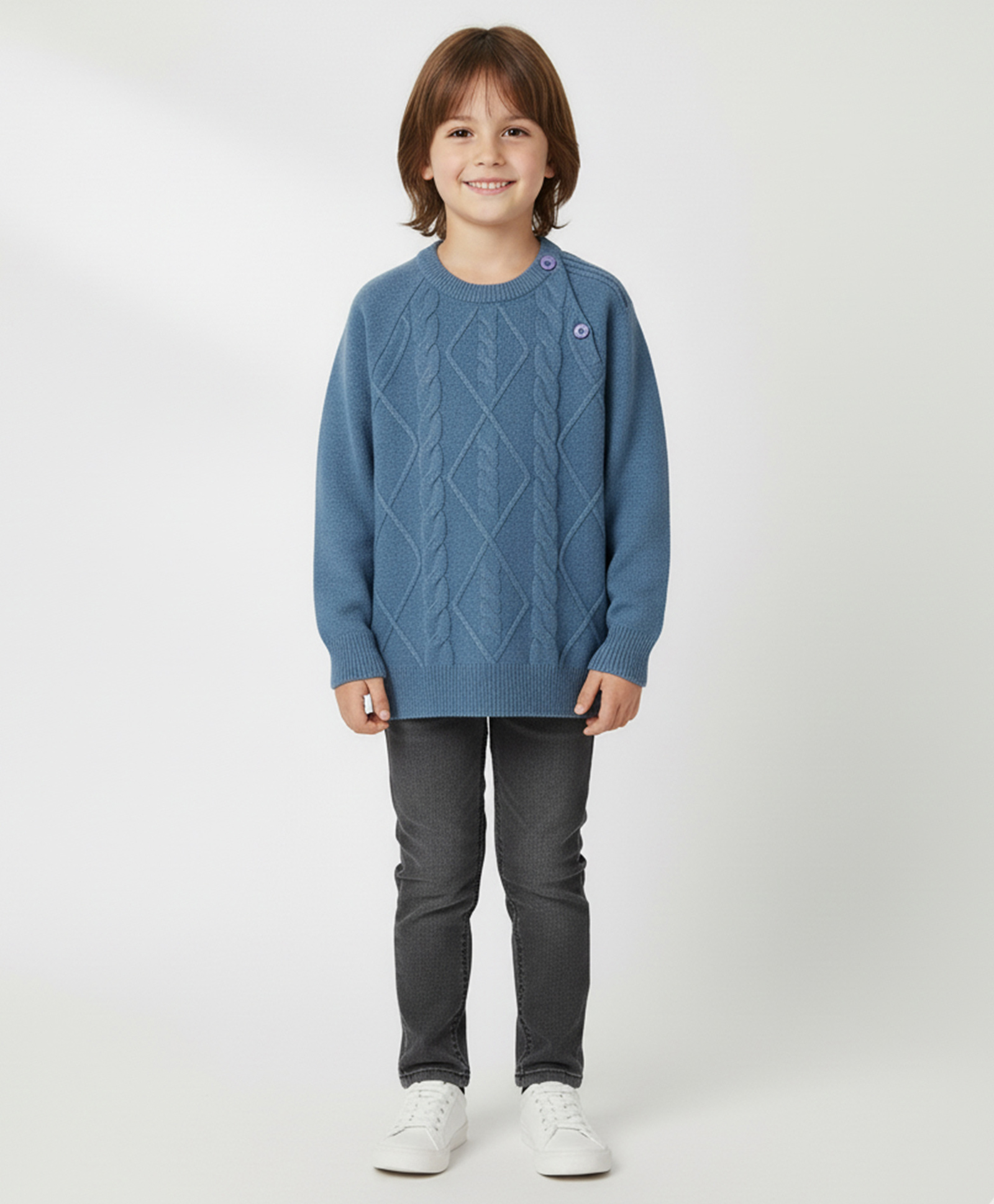 Kanvin Cotton Knit Full Raglan Sleeves Pullover Sweater with Cable Knit Design - Blue-picture-26