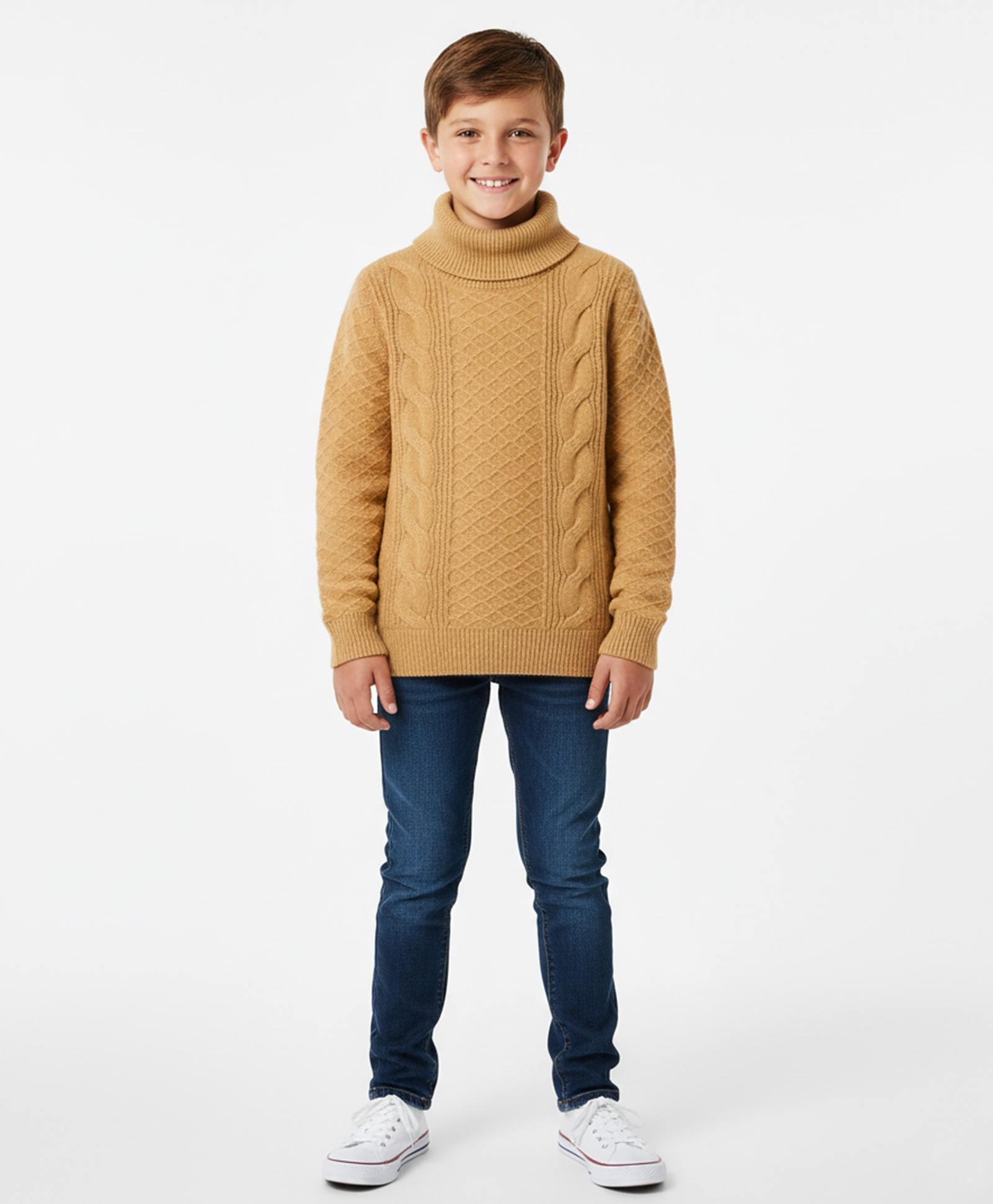 Kanvin Cotton Knit Full Sleeves Turtle Neck Pullover Sweater with Cable Knit Design - Tan-picture-20