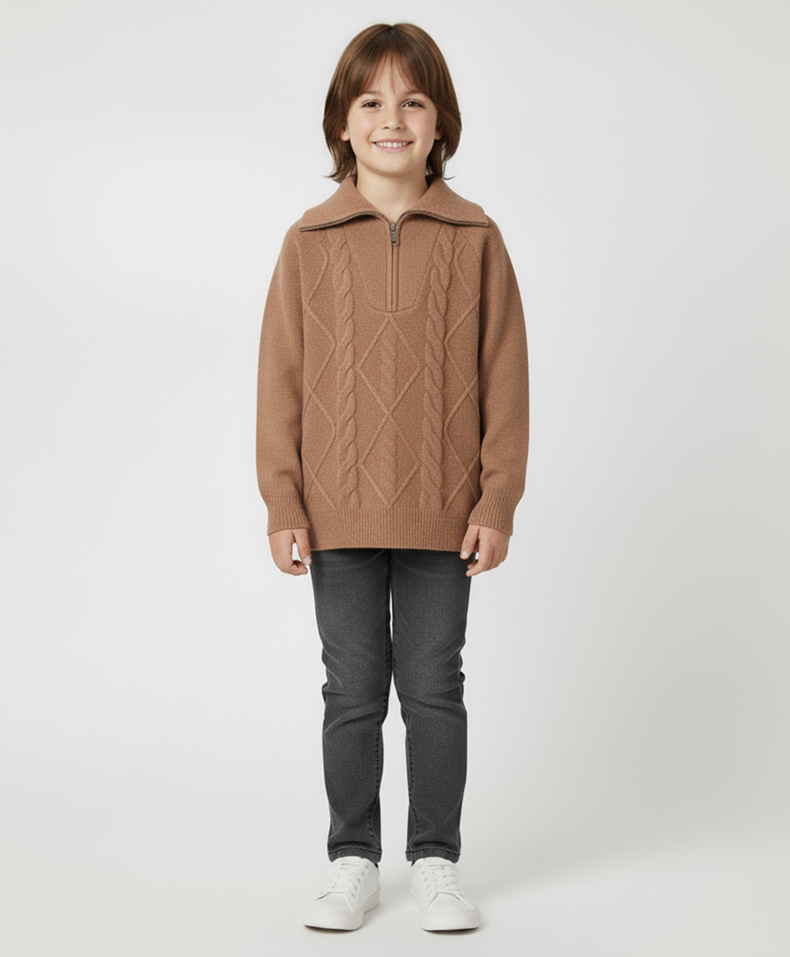 Kanvin Cotton Knit Full Sleeves Collared Pullover Sweater with Cable Knit Design - Tan-picture-10