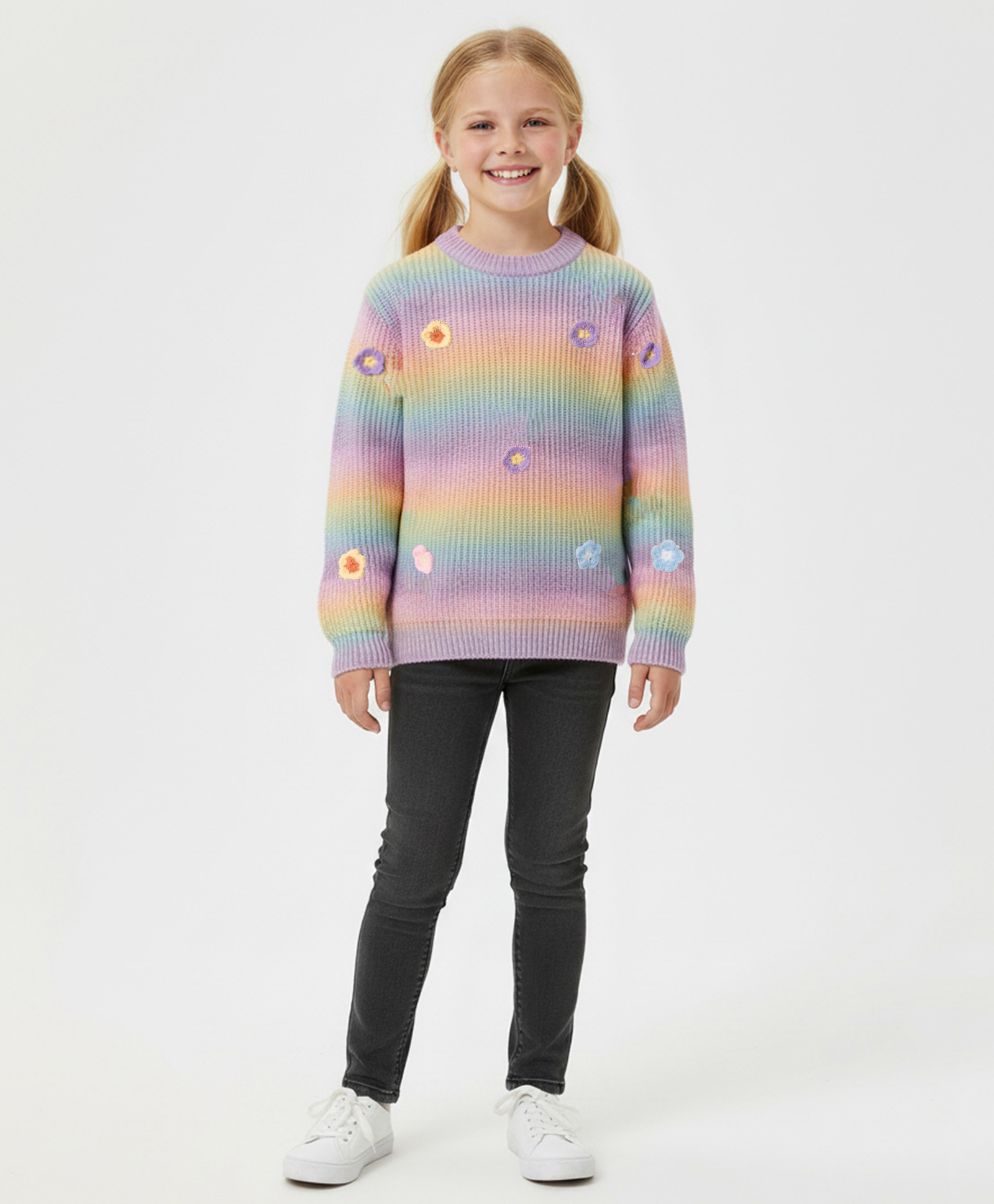 Kanvin Cotton Knit Full Sleeves Pullover Sweater with Floral Applique - Multicolor-picture-25