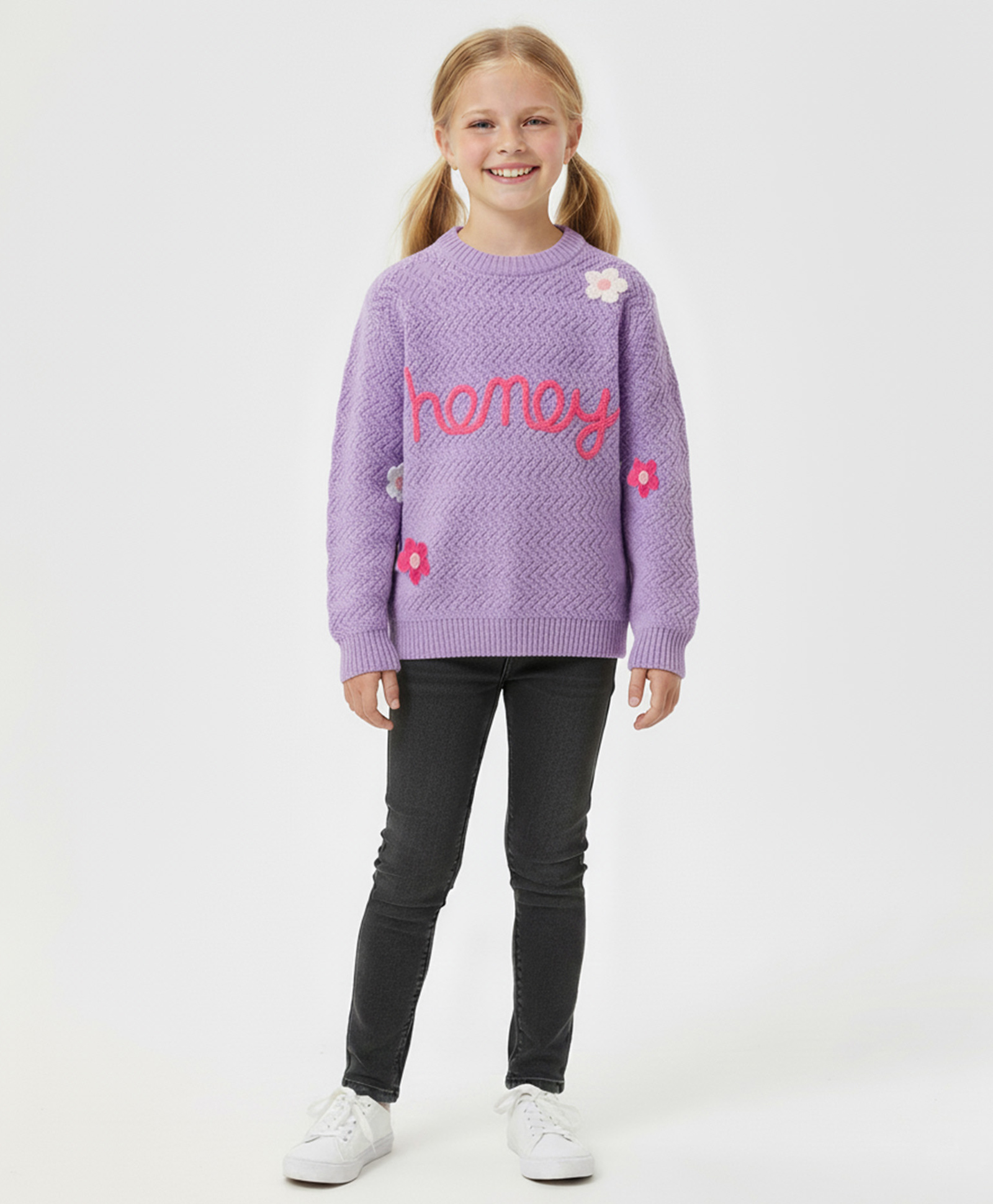 Kanvin Cotton Knit Full Sleeves Pullover Sweater with Floral Embroidery - Lilac-picture-20
