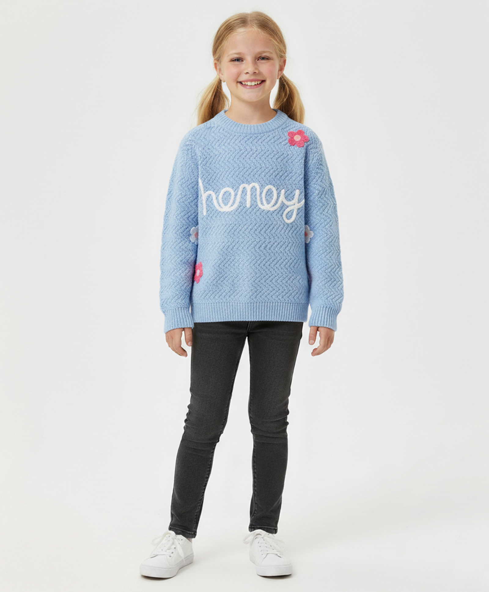 Kanvin Cotton Knit Full Sleeves Pullover Sweater with Floral Embroidery - Light Blue-picture-14