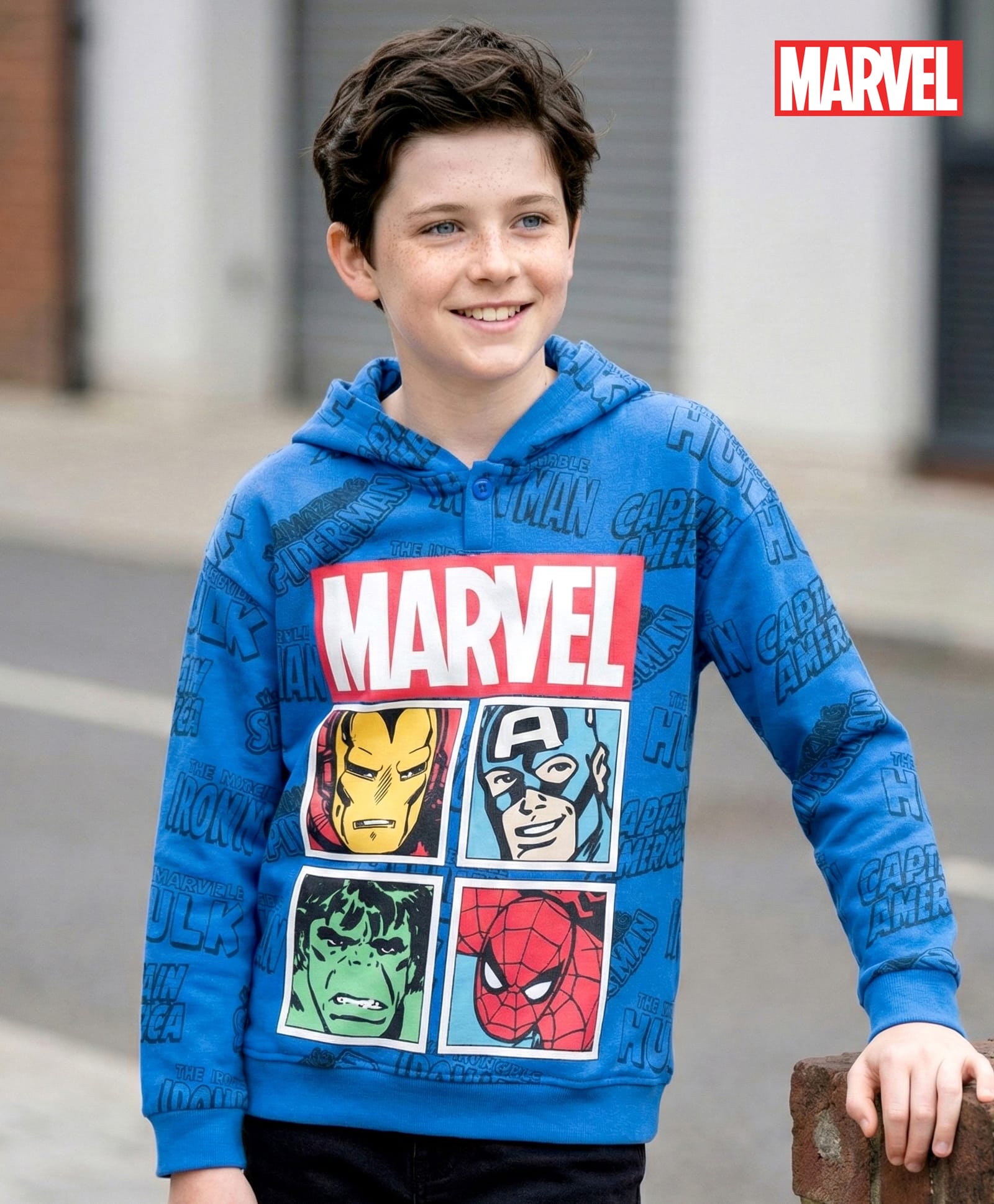 Pine Kids Marvel Terry Knit Full Sleeves Hooded Sweatshirt with Avengers Graphics - Blue-picture-12