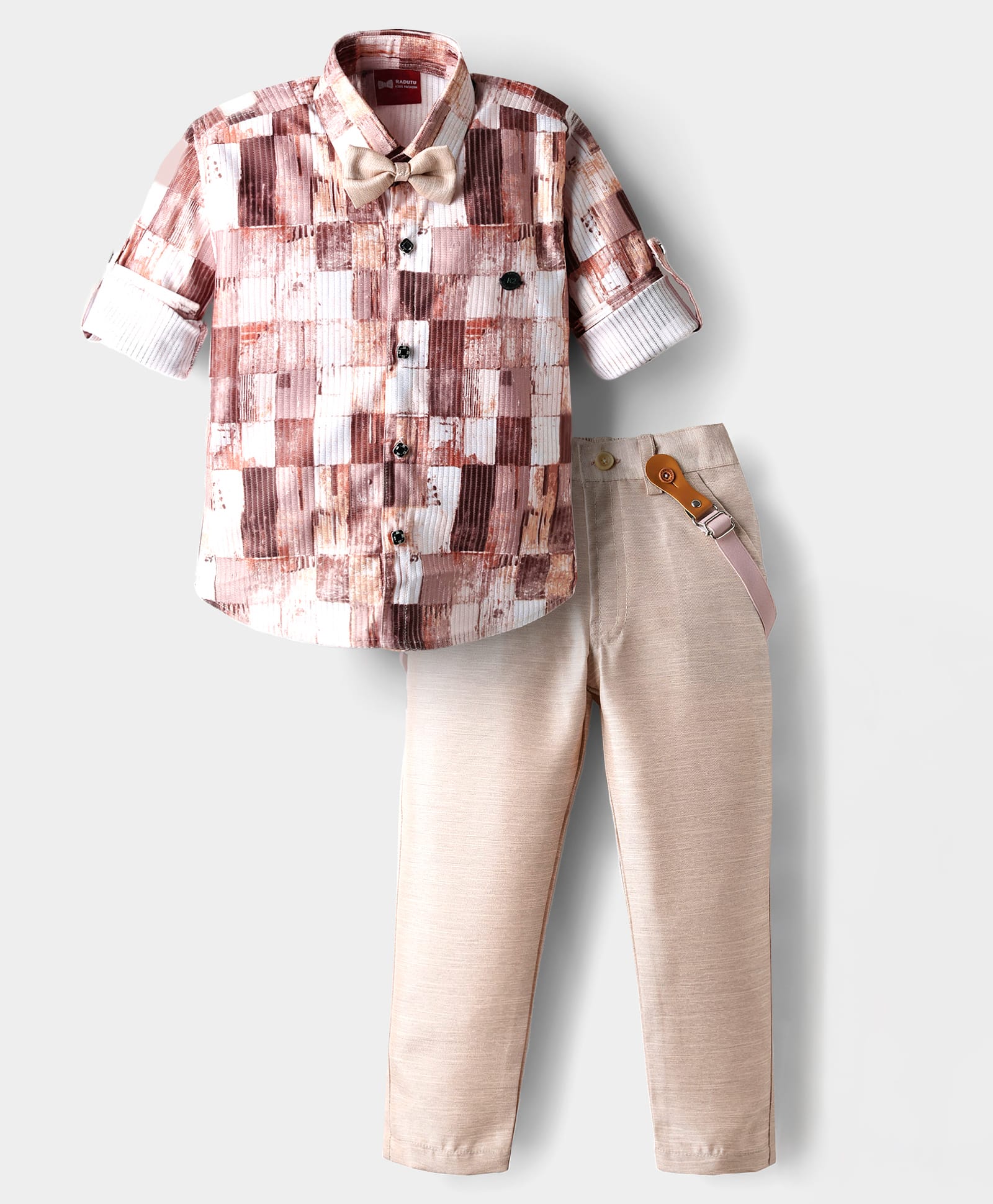Radutu Full Sleeves Self Checked Shirt & Pant With Suspender & Bow Set - Fawn-picture-14
