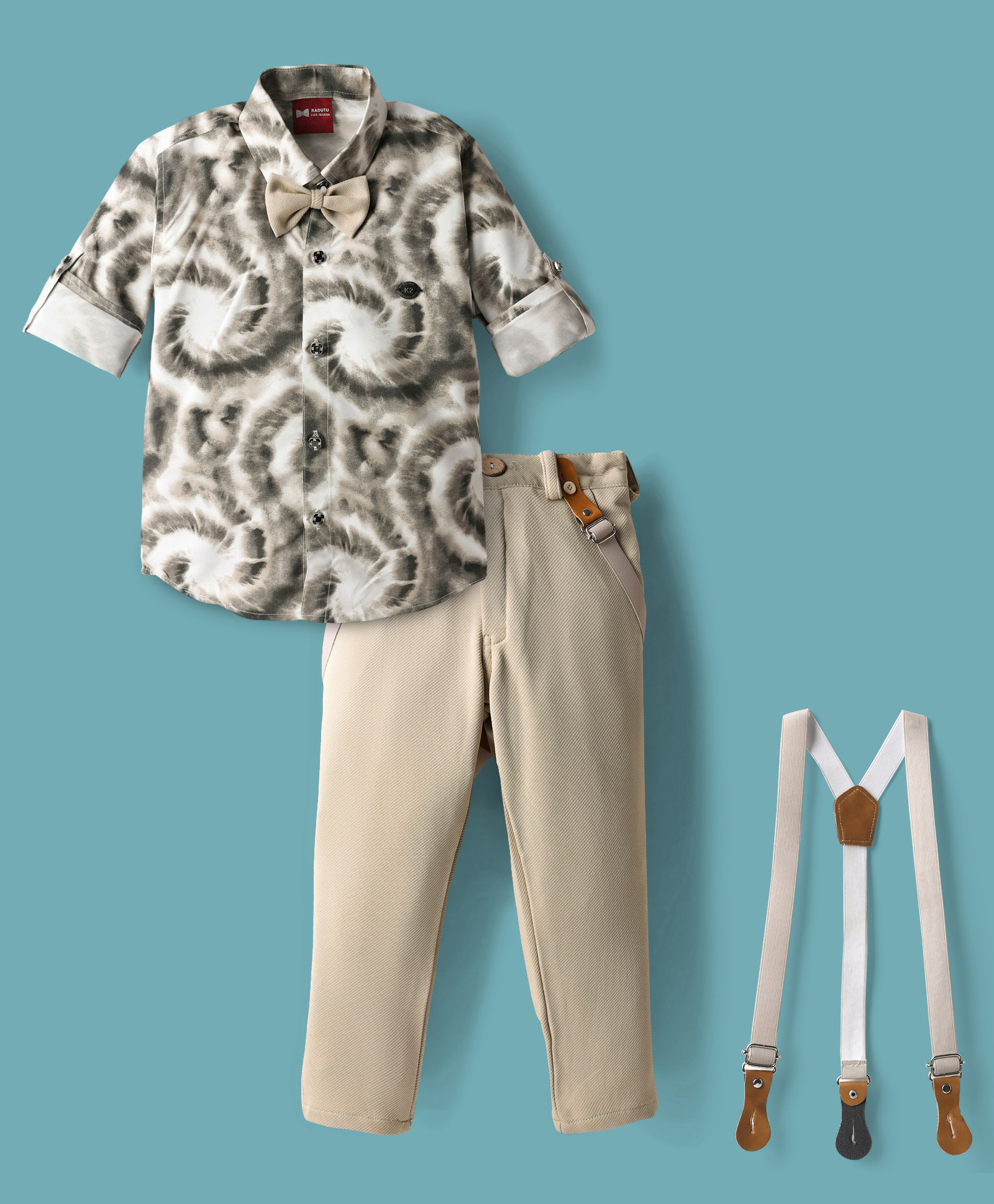 Radutu Full Sleeves Tie Dye Shirt Pant With Bow & Suspender Set - White & Beige-picture-33
