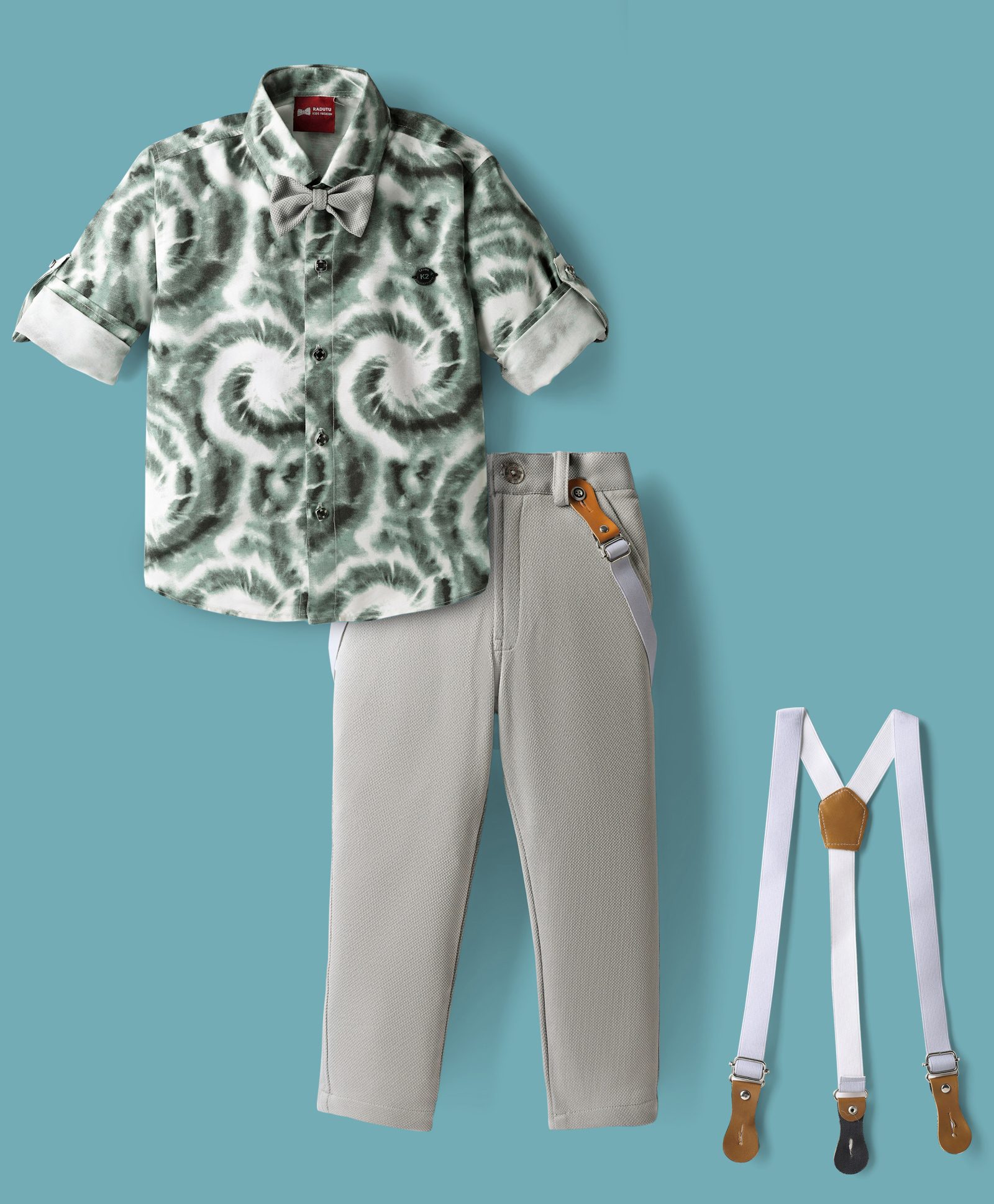 Radutu Full Sleeves Tie Dye Shirt Pant With Bow & Suspender Set - Light Green & Grey-image-18
