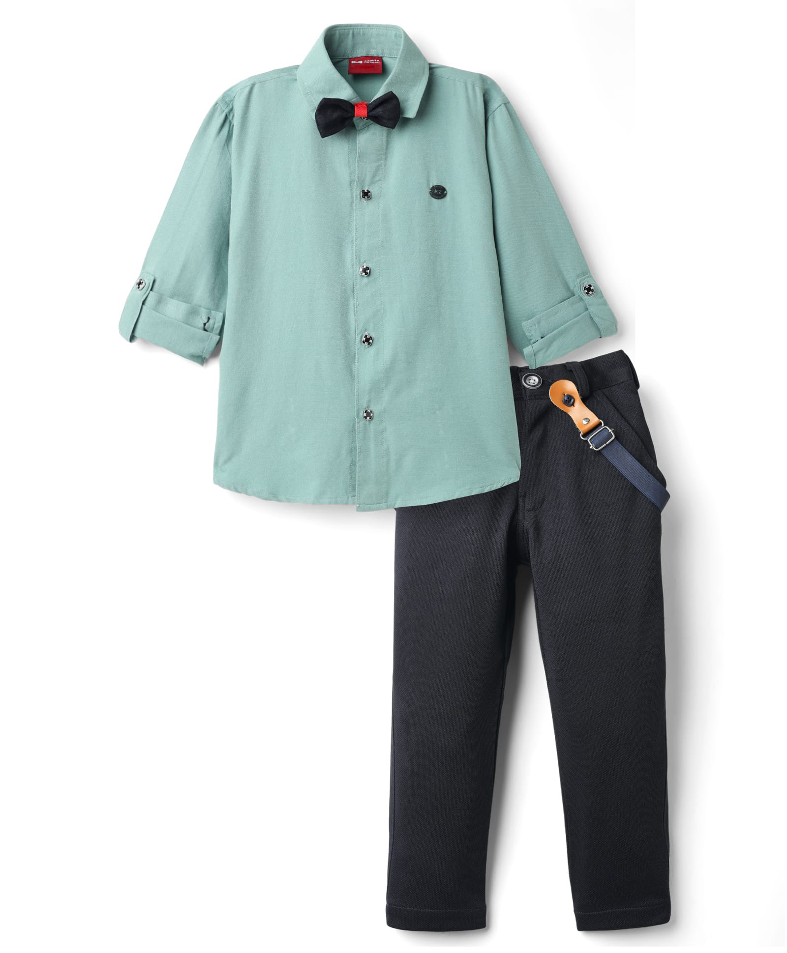 Radutu Full Sleeves Solid Shirt Pant With Bow & Suspender Set - Green & Navy Blue-picture-2