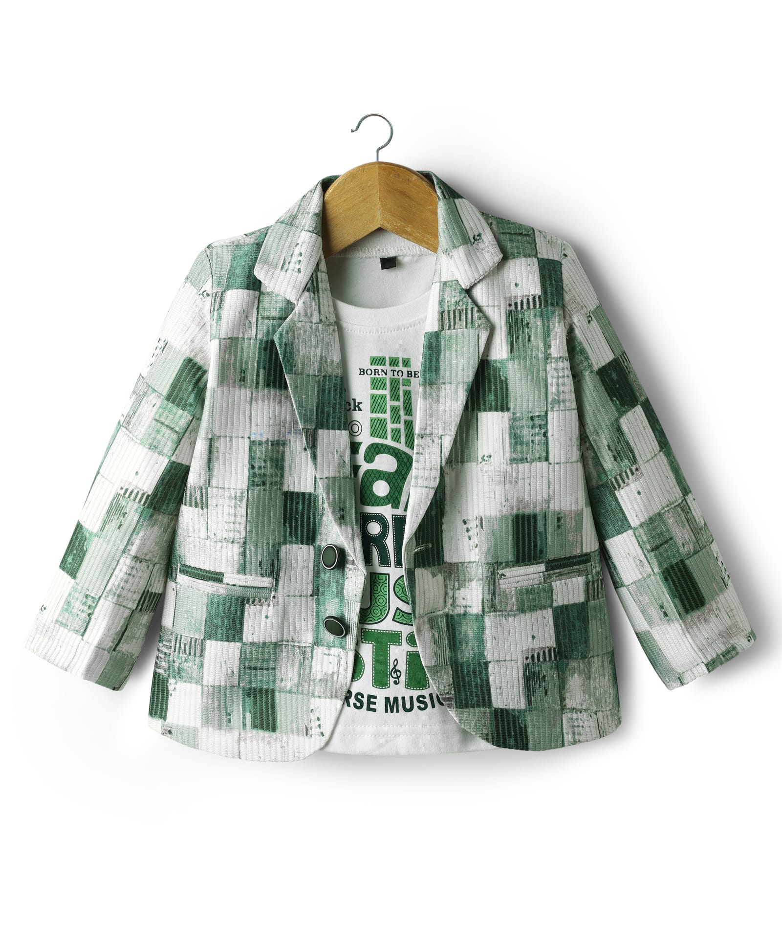Radutu Full Sleeves Abstract Printed Blazer With Tee Set - Green & White-picture-22