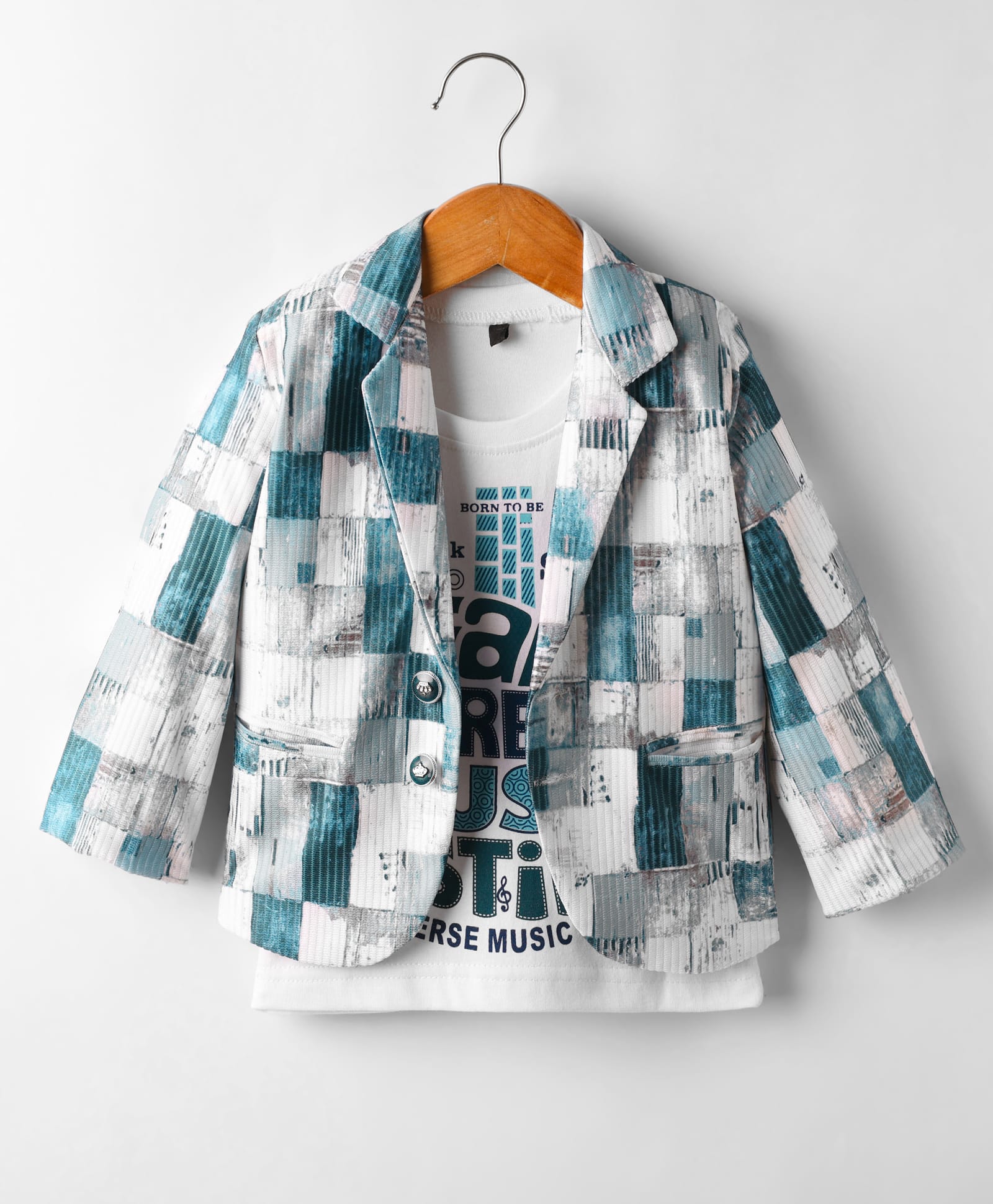 Radutu Full Sleeves Abstract Printed Blazer With Tee Set - Blue & White-picture-27