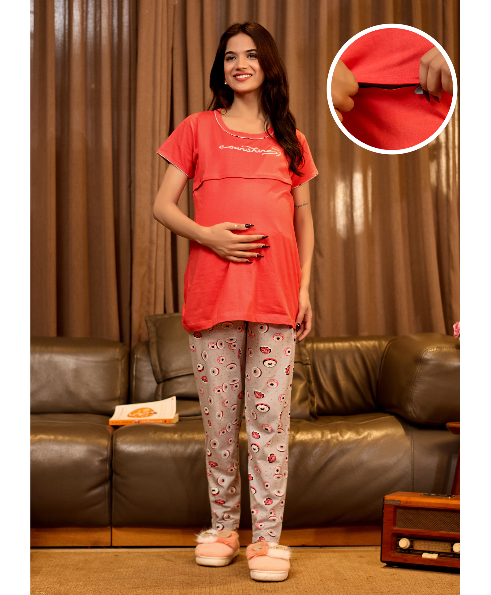 SWEETMOON Knitted Knit Half Sleeves Sunshine Text Printed Maternity Night Suit Set With Centre Nursing Access - Peach & Grey-image-49