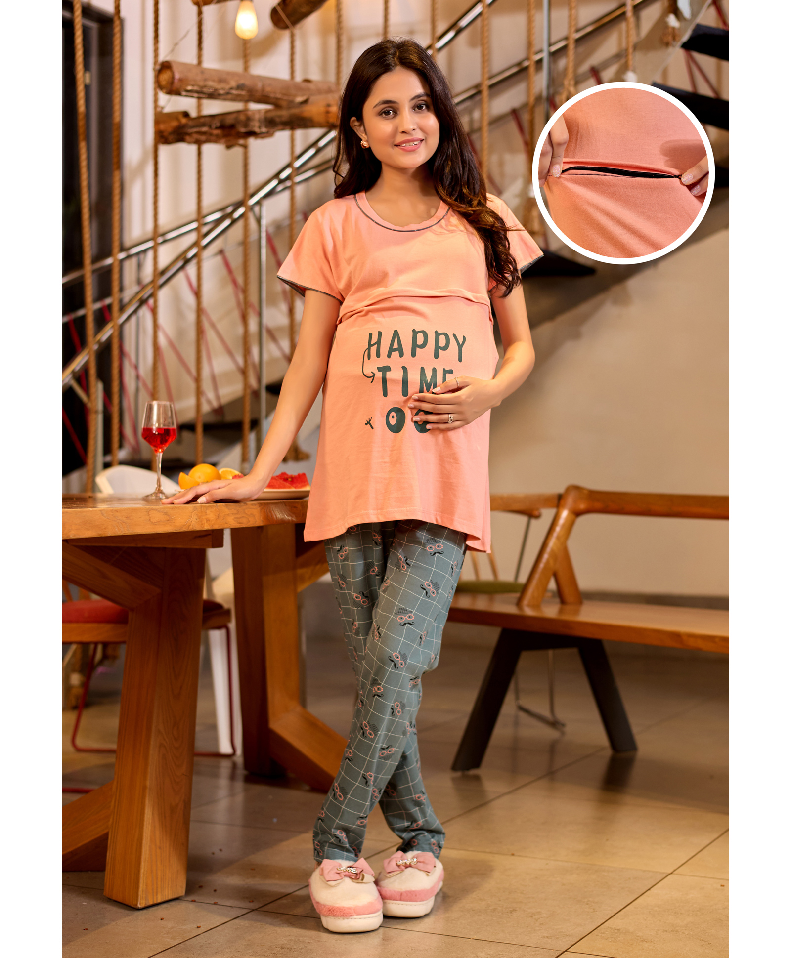 SWEETMOON Cotton Hosiery Knit Half Sleeves Happy Time Text Printed Maternity Night Suit Set With Overlap Zipper Nursing Access - Blush Pink & Bluish Green-image-26