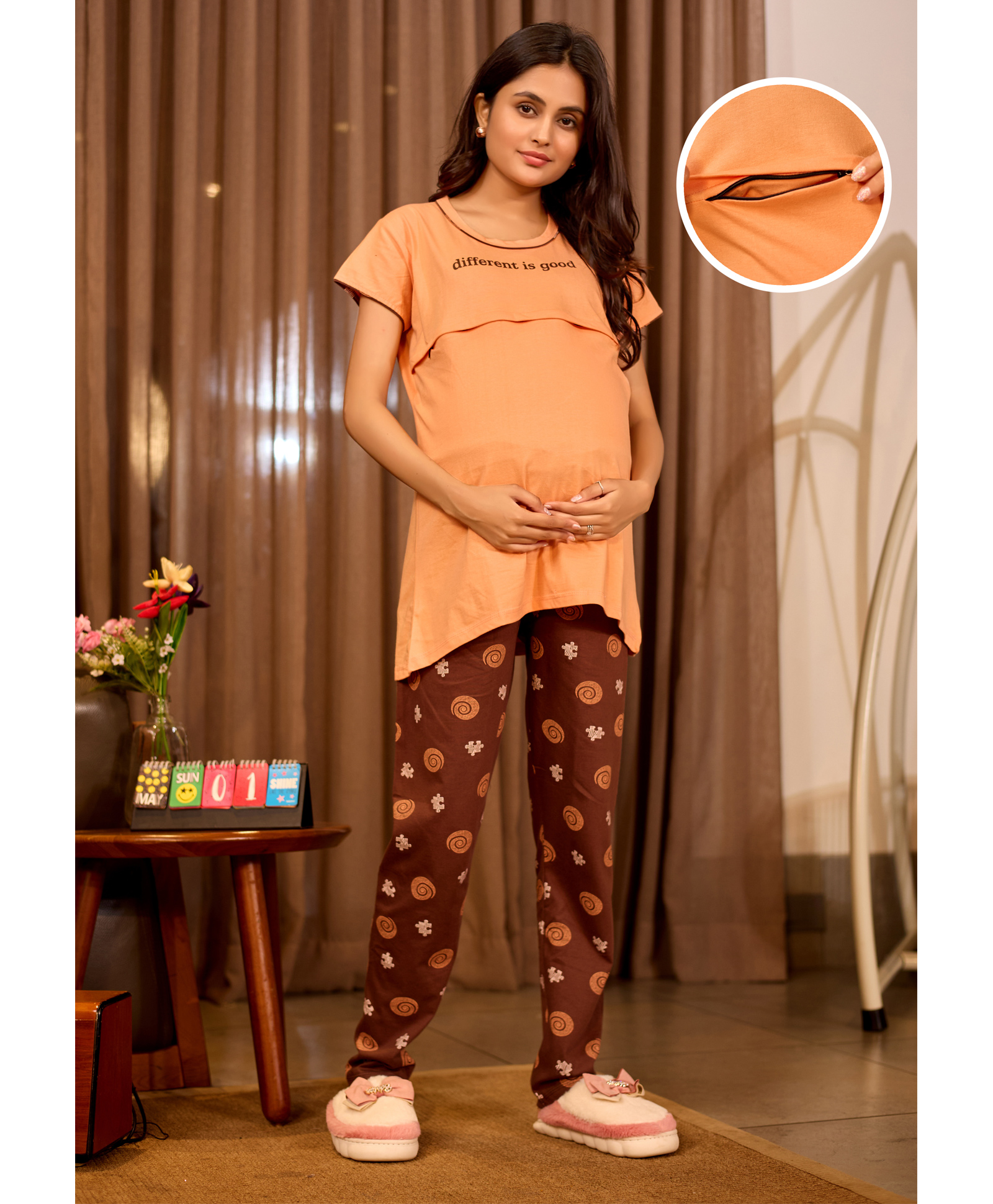 SWEETMOON Cotton Hosiery Knit Half Sleeves Different Is Good Text Printed Maternity Night Suit Set With Overlap Zipper Nursing Access - Light Orange & Brown-image-28