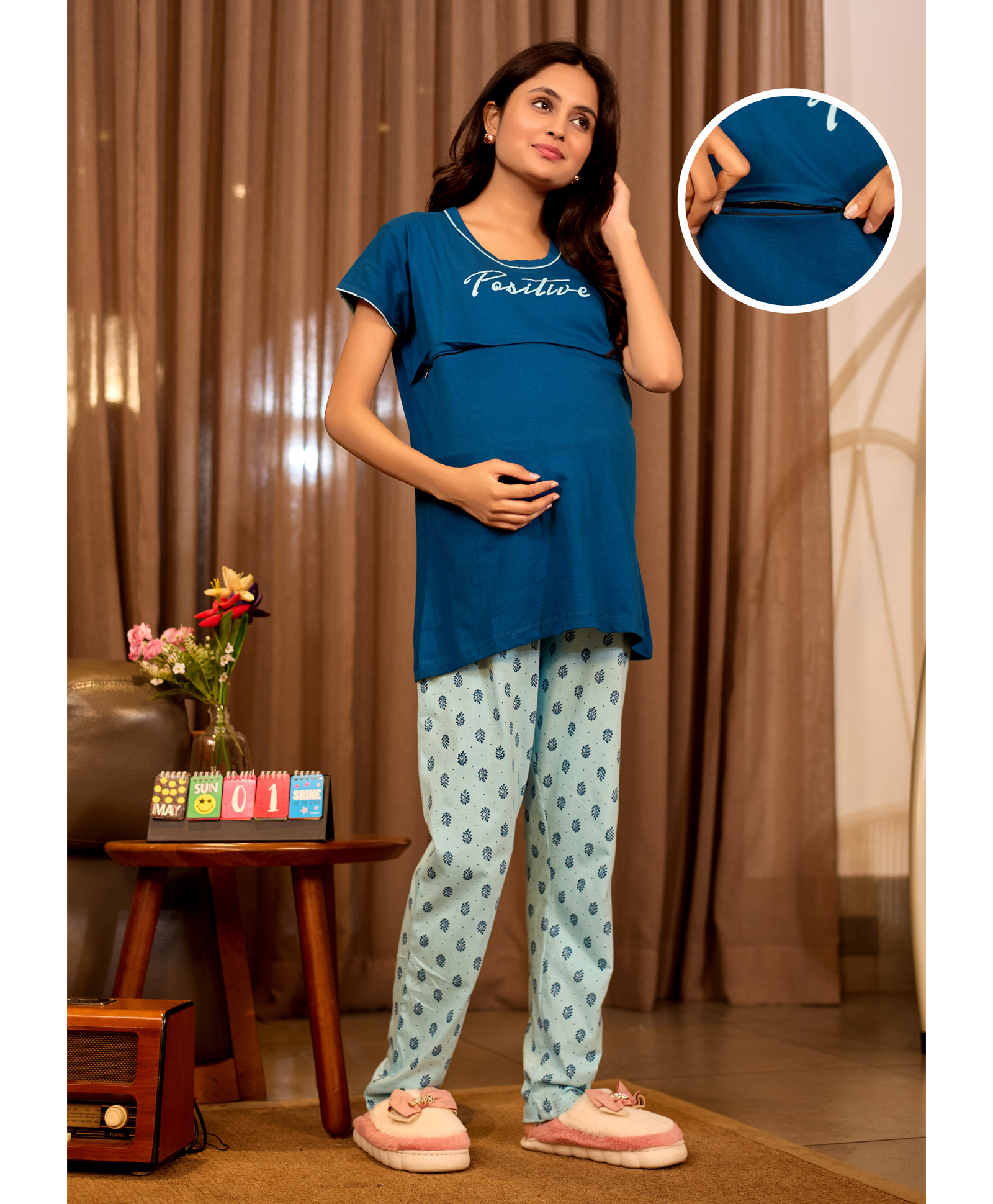 SWEETMOON Cotton Hosiery Knit Half Sleeves Positive Text Printed Maternity Night Suit Set With Overlap Zipper Nursing Access - Blue & Aqua-picture-10