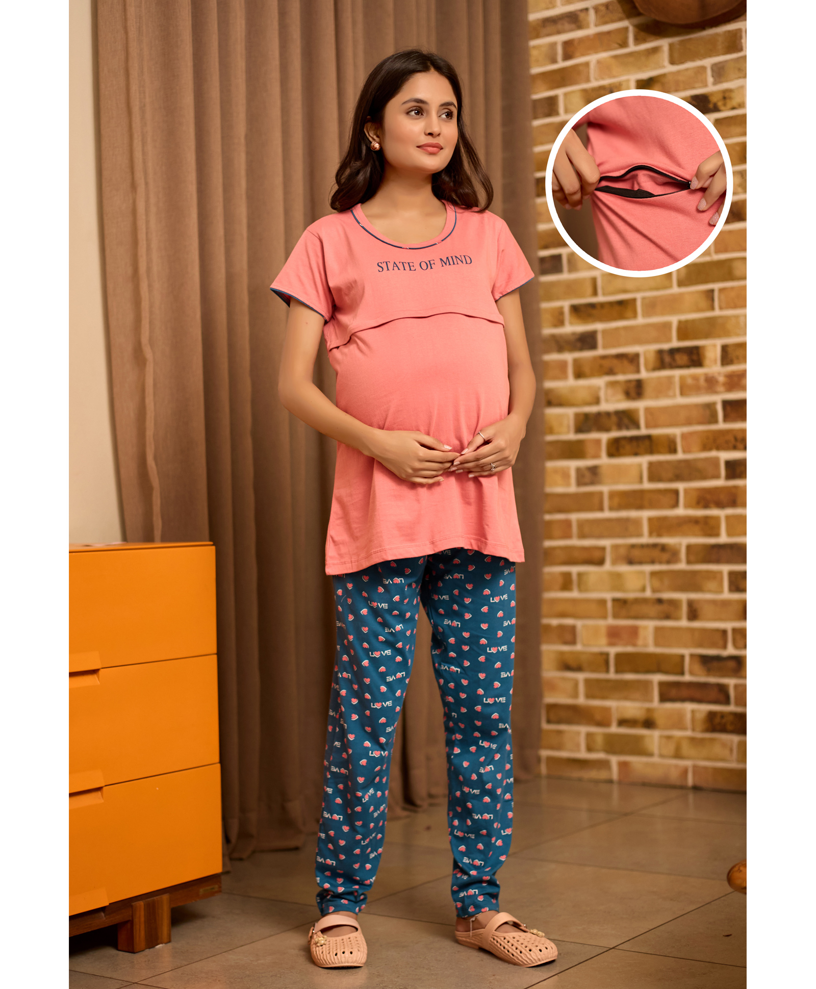 SWEETMOON Cotton Hosiery Knit Half Sleeves State Of Mind Text Printed Maternity Night Suit Set With Overlap Zipper Nursing Access - Pink & Blue-image-32