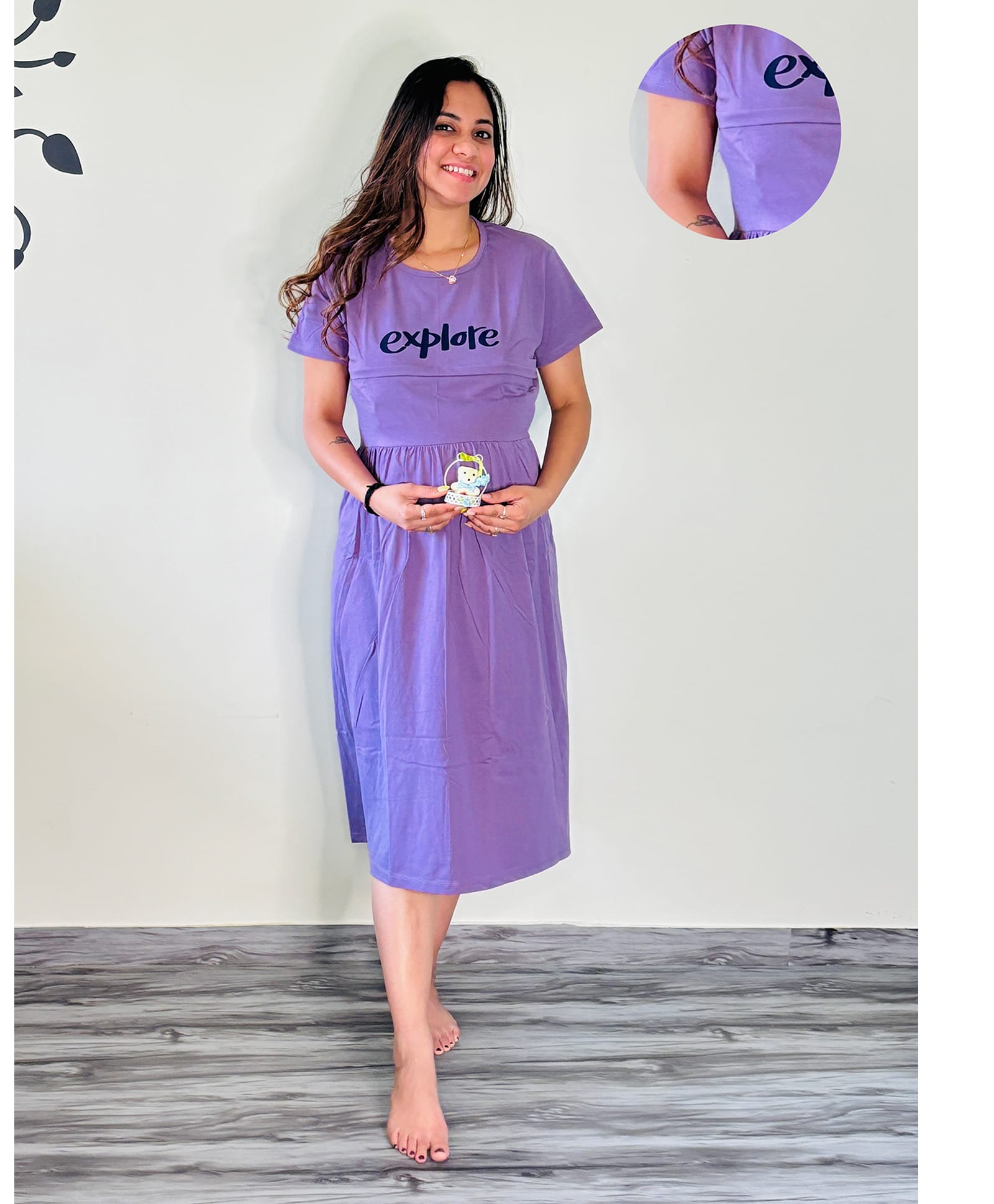 SWEETMOON Knitted Knit Half Sleeves Explore Text Printed Maternity Nighty With Overlap Zipper Nursing Access - Heather Purple-image-15