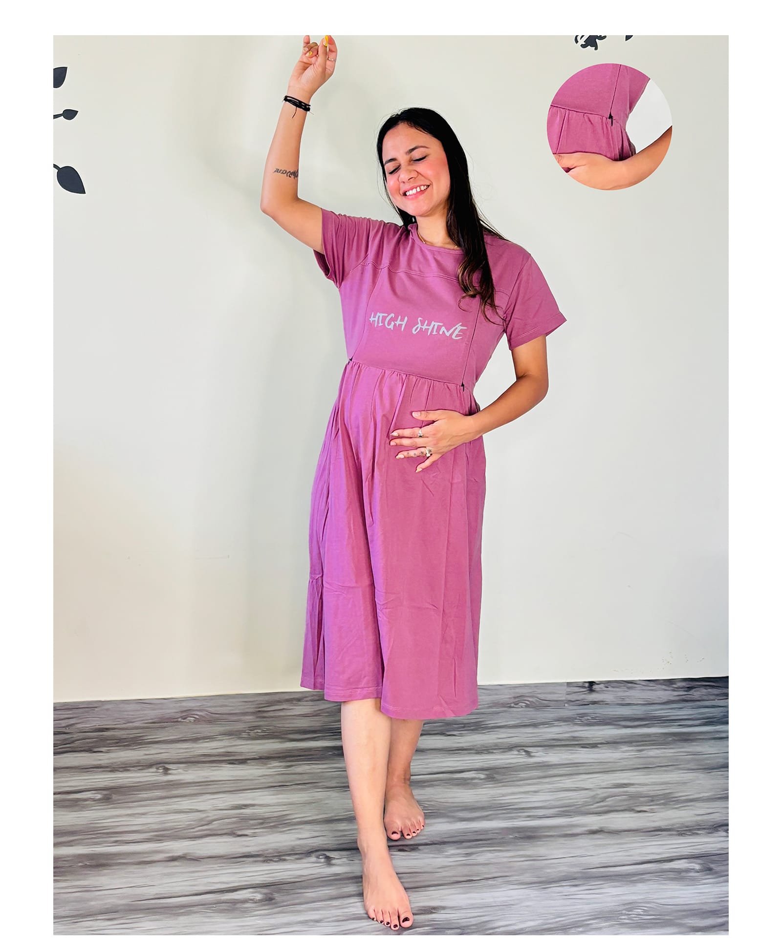 SWEETMOON Knitted Knit Half Sleeves High Shine Text Printed Maternity Nighty With Side Zipper Nursing Access - Orchid Purple-image-3