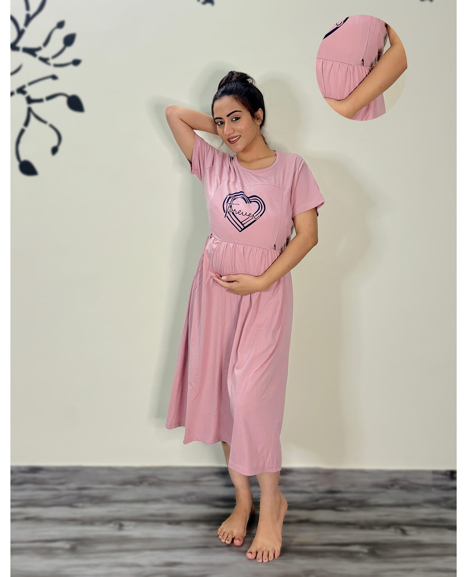 SWEETMOON Knitted Knit Half Sleeves Forever Text Printed Maternity Nighty With Side Zipper Nursing Access - Pastel Pink-image-34