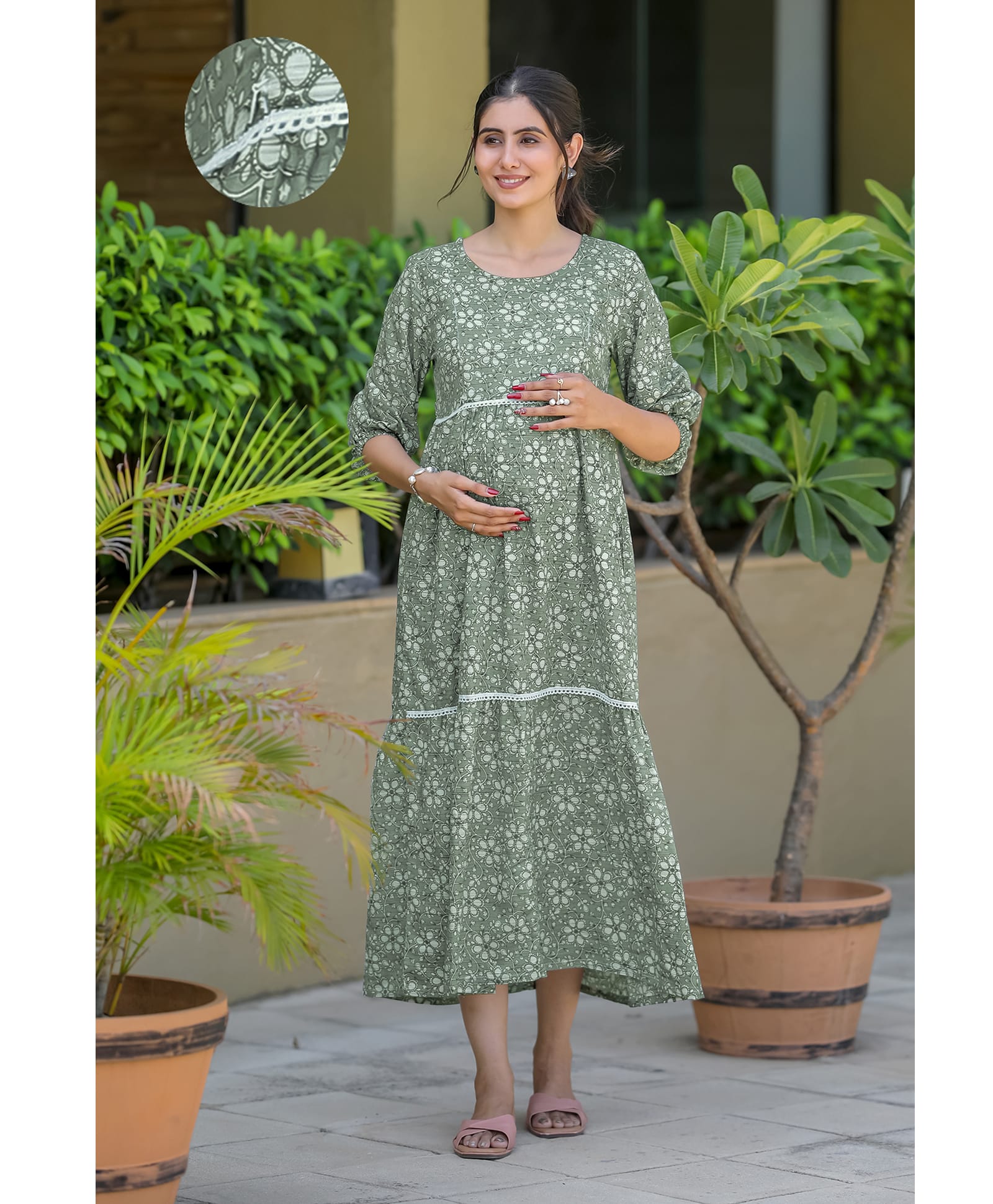 SWEETMOON Linen Woven Three Fourth Sleeves Floral Printed Lace Embellished Maternity Dress With Side Zipper Nursing Access - Olive Green-image-25