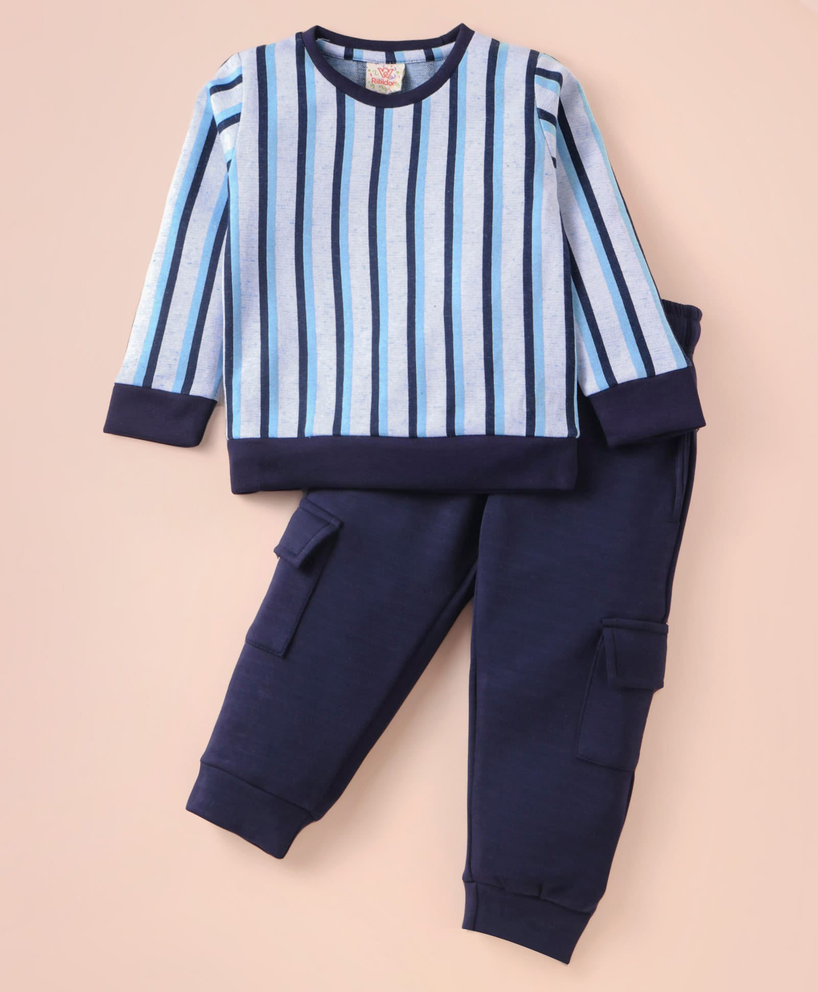 Rikidoos Full Sleeves Striped Sweatshirt With Joggers Set - Light & Navy Blue-picture-17