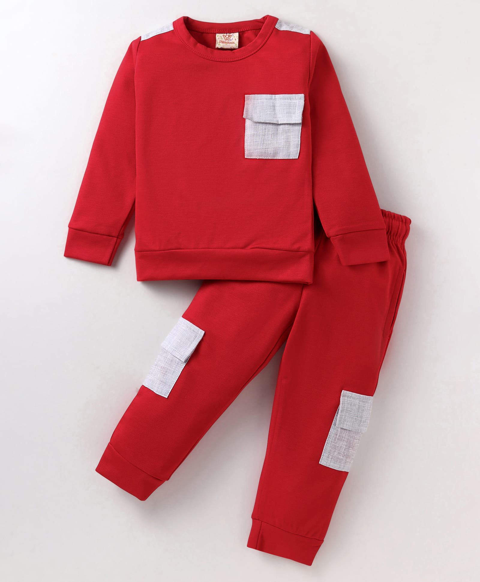 Rikidoos Full Sleeves Colour Blocked Sweatshirt With Coordinating Joggers Set - Red-image-3