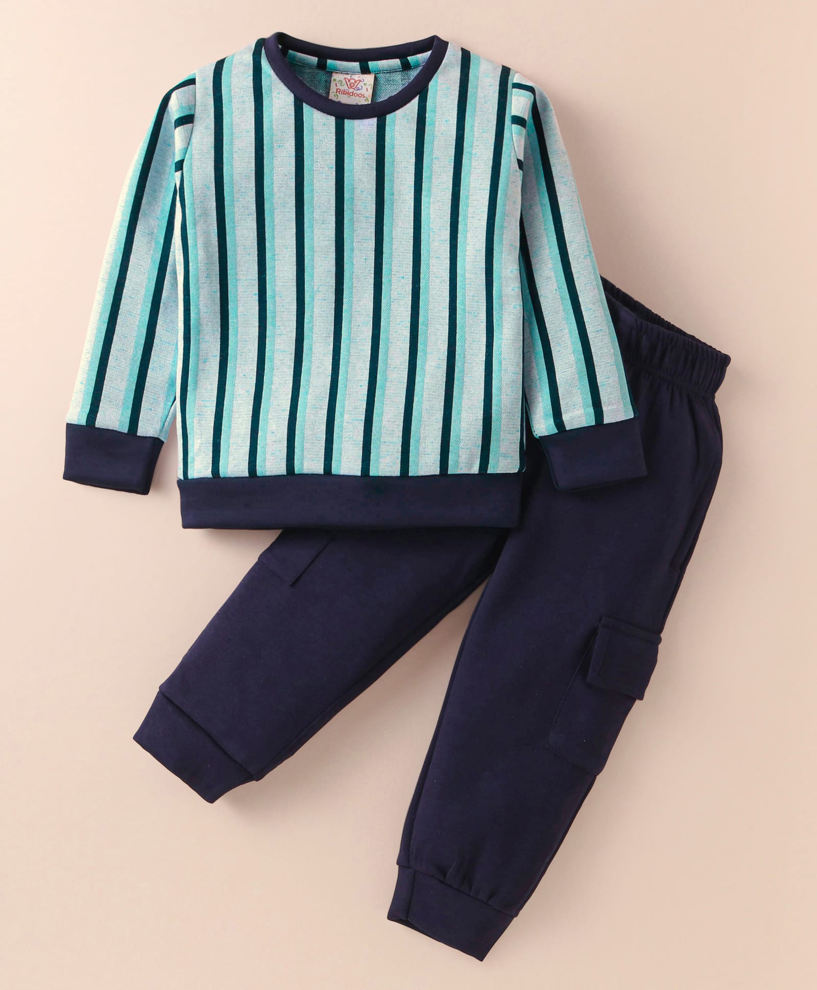 Rikidoos Full Sleeves Striped Sweatshirt With Joggers Set - Sea Green & Navy Blue-image-10