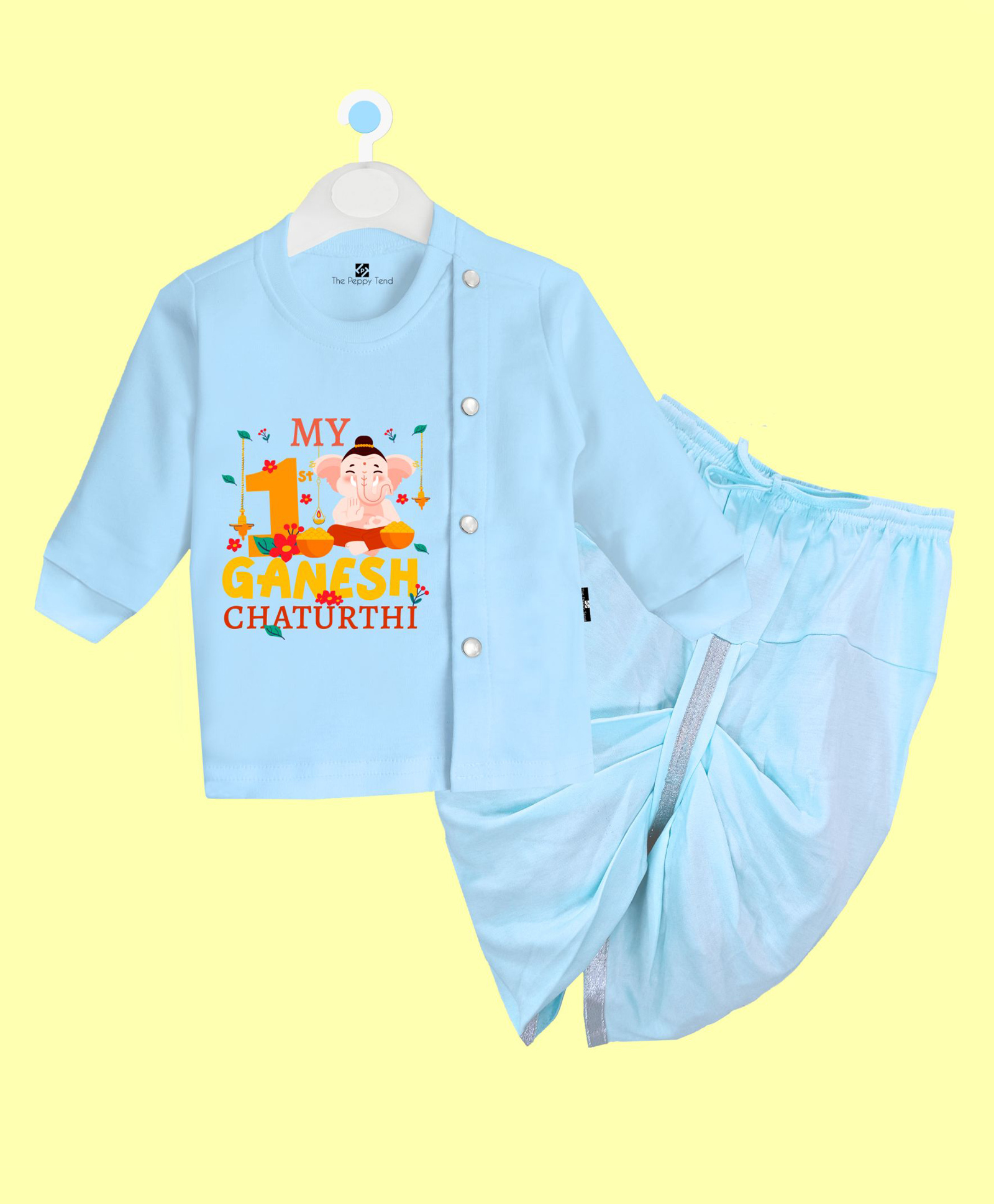 The Peppy Tend 100% Cotton Knit Ganesh Chaturthi Theme Full Sleeves My 1st Ganesh Chaturthi Text Printed Dhoti Kurta Set - Blue-picture-15