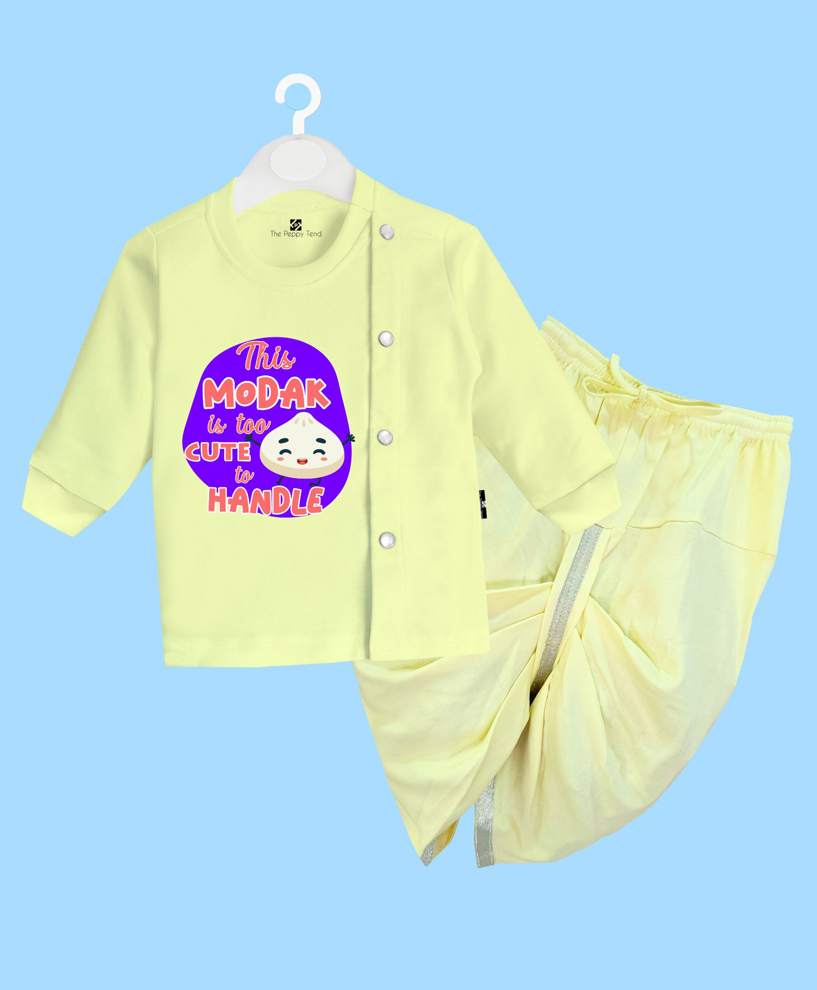 The Peppy Tend 100% Cotton Knit Ganesh Chaturthi Theme Full Sleeves This Modak Is Too Cute To Handle Text Printed Dhoti Kurta Set - Yellow-picture-19