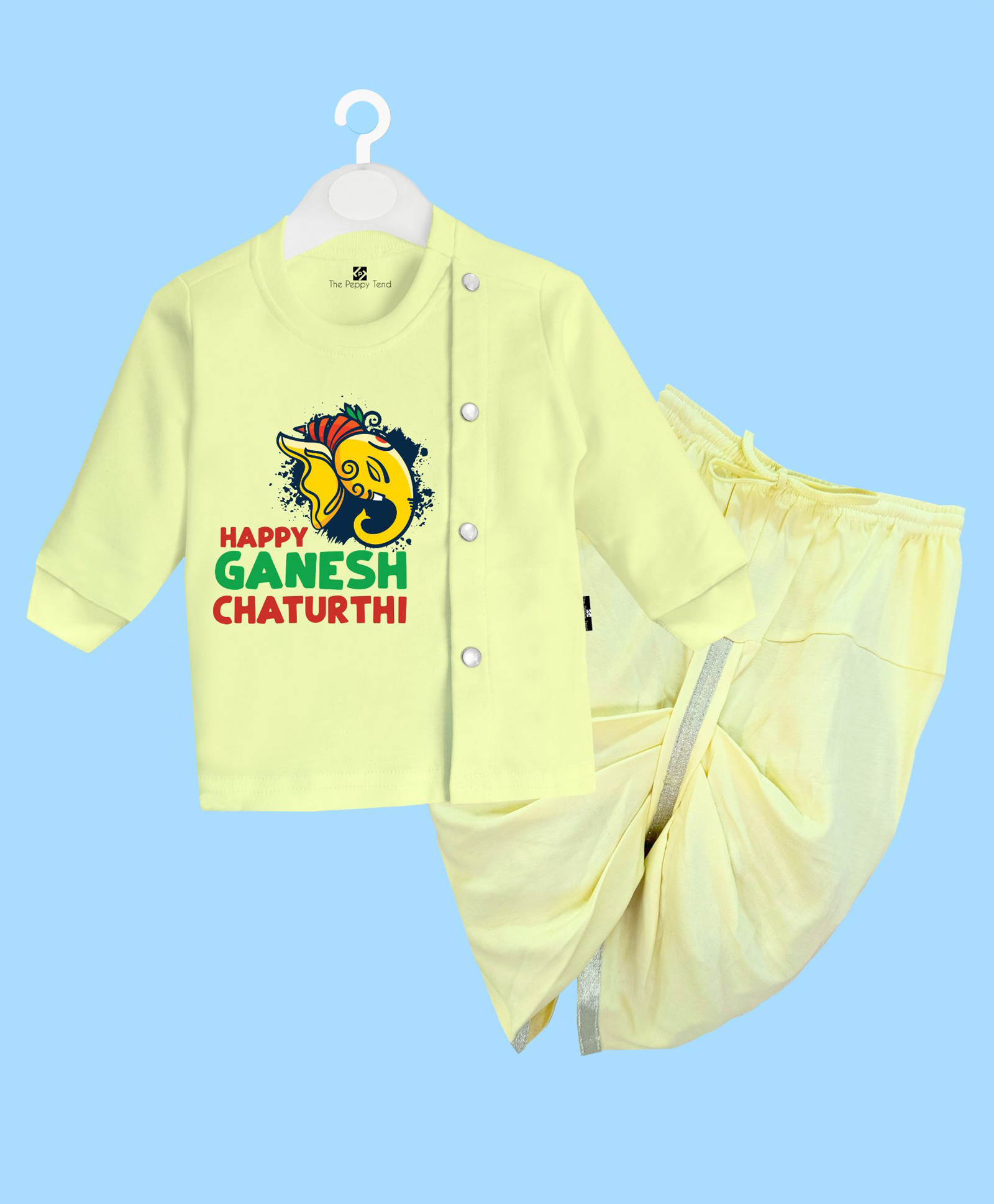The Peppy Tend 100% Cotton Knit Ganesh Chaturthi Theme Full Sleeves Happy Ganesh Chaturthi Text Printed Dhoti Kurta Set - Yellow-picture-23