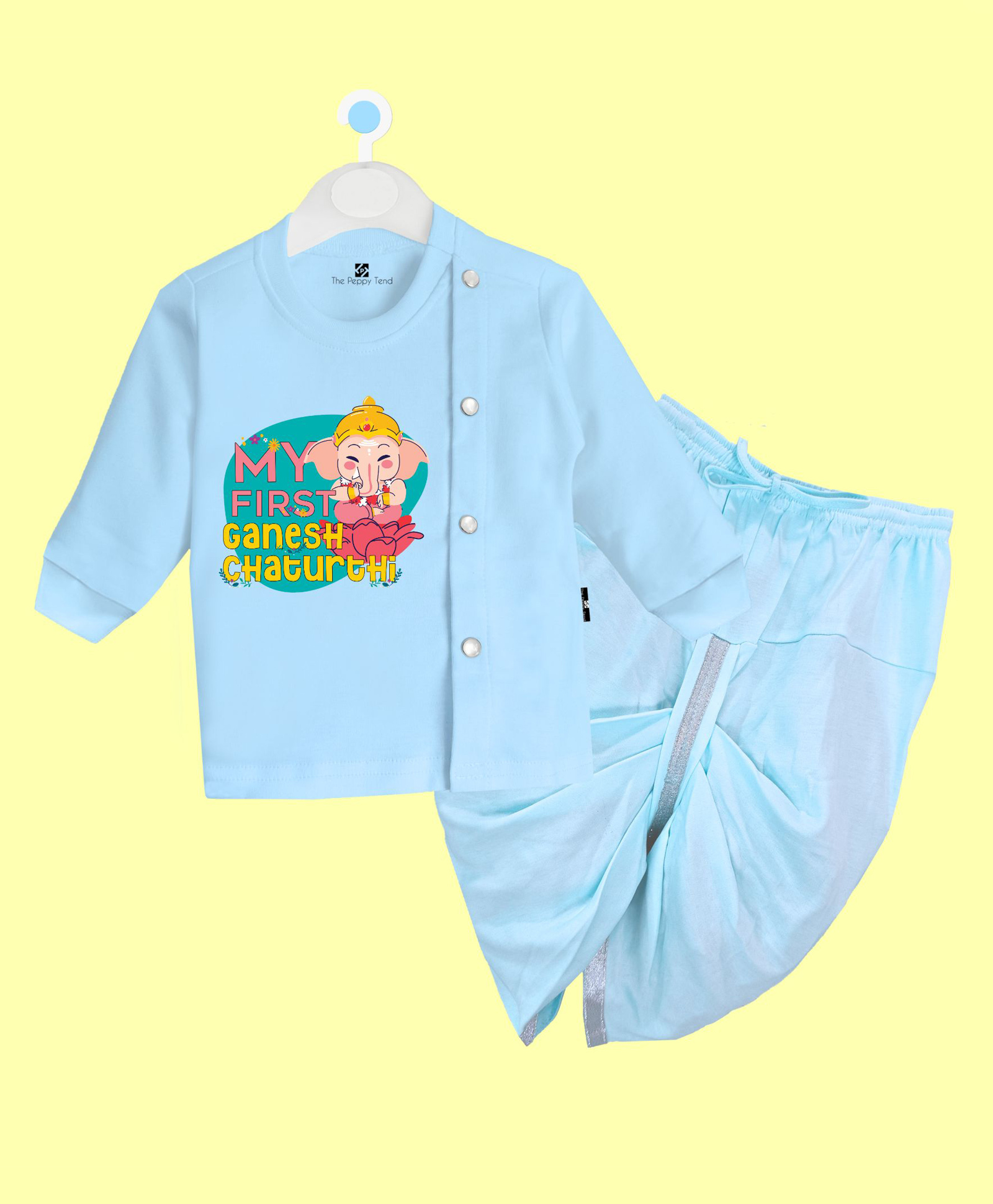The Peppy Tend 100% Cotton Knit Ganesh Chaturthi Theme Full Sleeves My First Ganesh Chaturthi Text Printed Dhoti Kurta Set - Blue-picture-24
