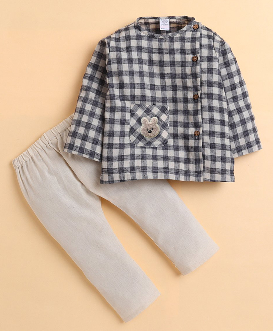 Polka Tots Cotton Woven Full Sleeves Checked Jhabla & Pant Set - Black-picture-36