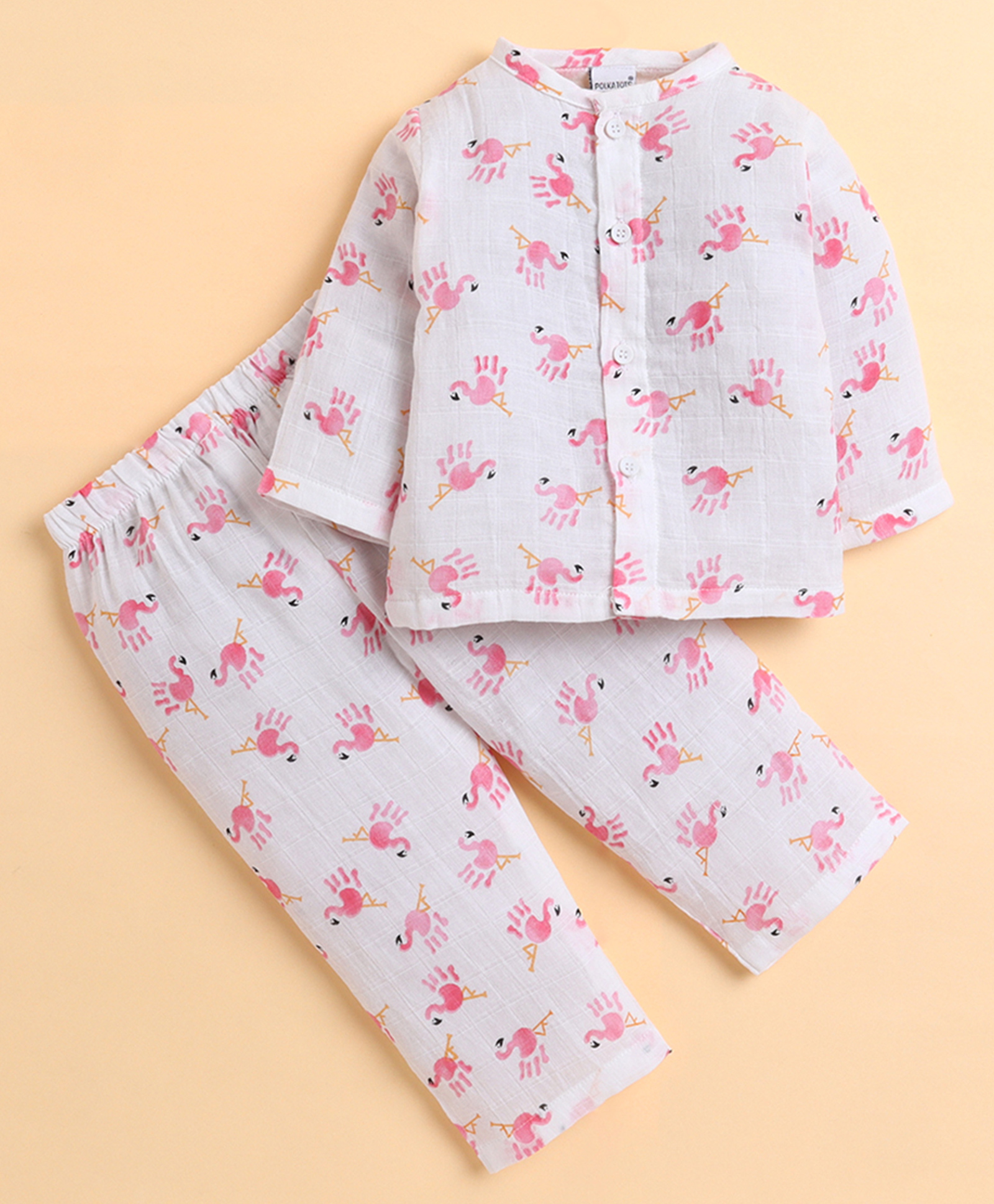 Polka Tots Cotton Woven Full Sleeves Palmingos Printed Jhabla & Coordinating Pant Set - White & Pink-picture-37