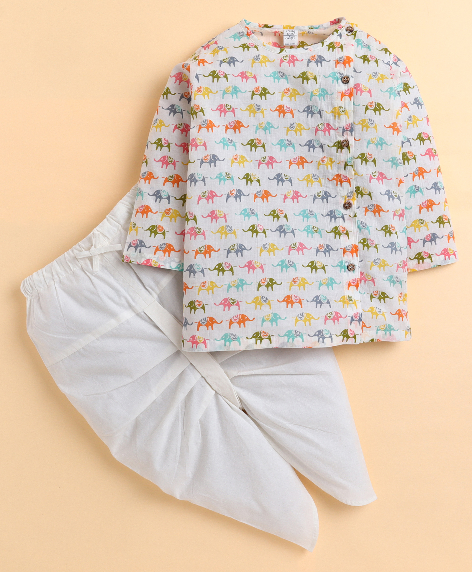 Polka Tots Cotton Woven Full Sleeves Elephants Printed Kurta & Dhoti Set - Multi Colour-picture-18