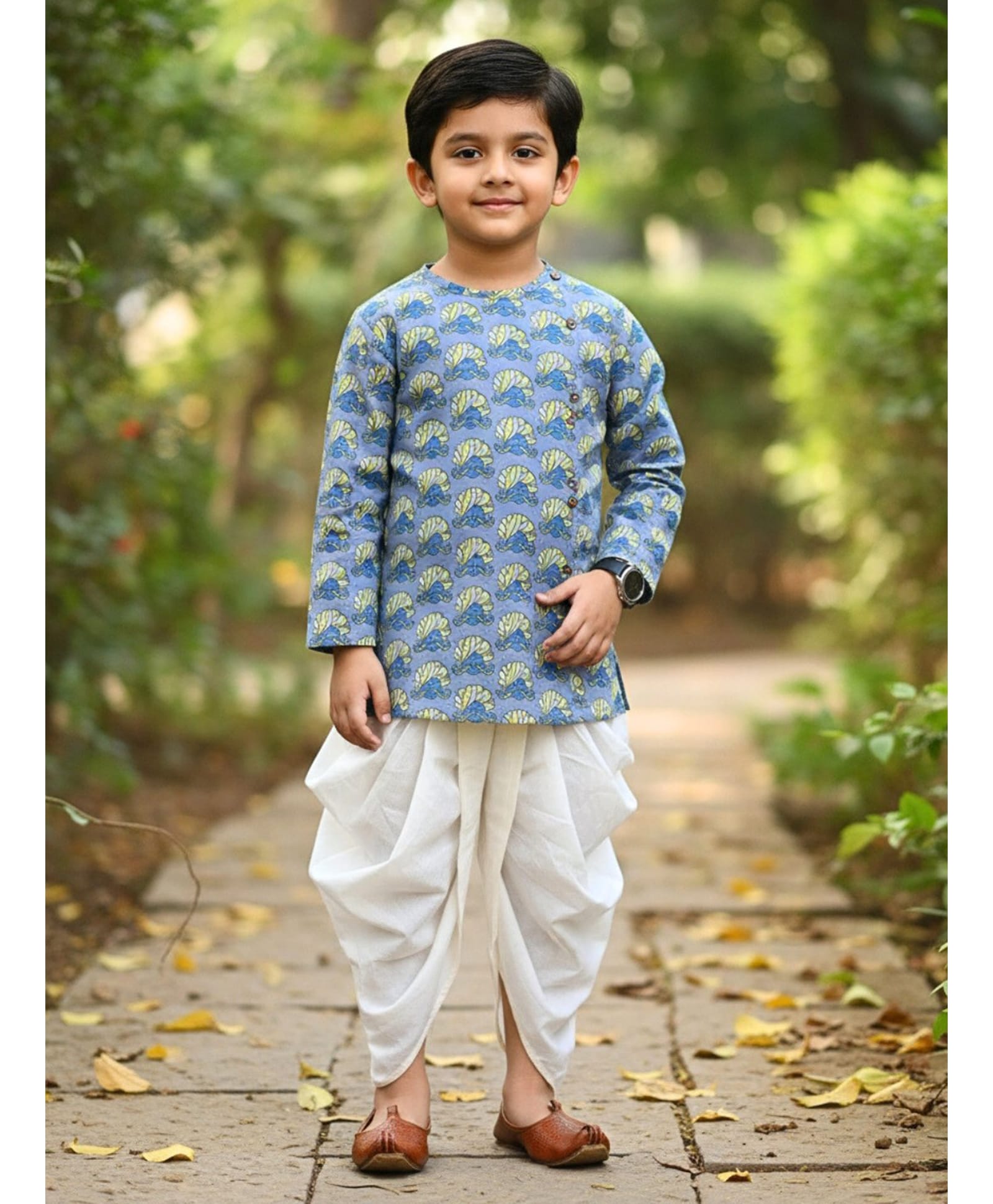 Polka Tots Cotton Woven Full Sleeves Turban Printed Kurta & Dhoti Set - Blue-picture-17