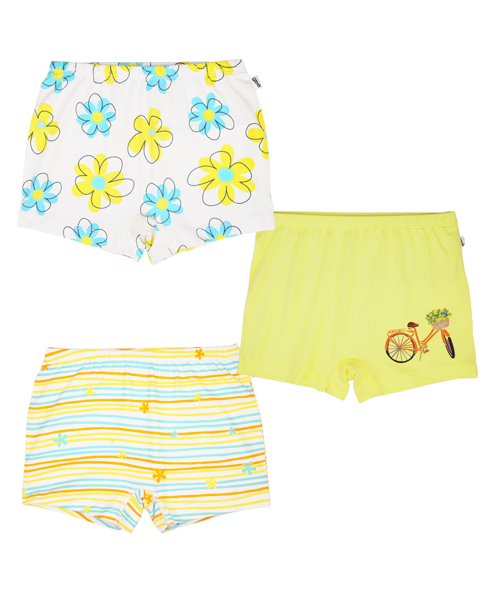 Plan B Cotton Knit Pack Of 3 Bicycle & Floral Printed Bloomers - Lemon & White