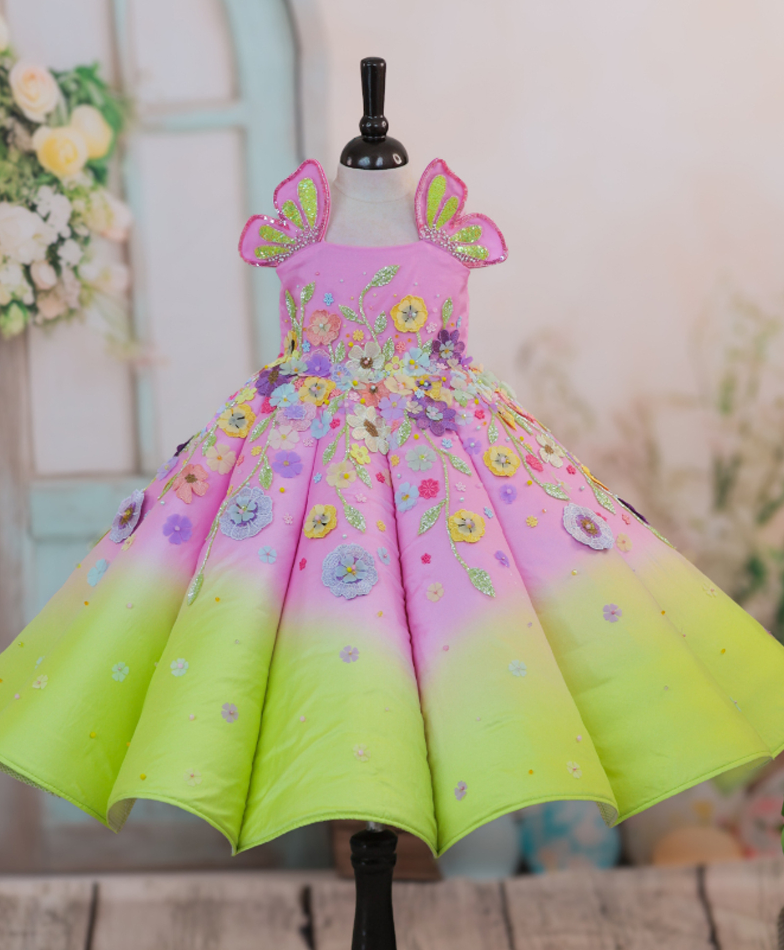 Li & Li Couture Organza Woven Sleeveless Floral Applique Detailed & Pearls Embellished Gown - Lime Green & Baby Pink-picture-14