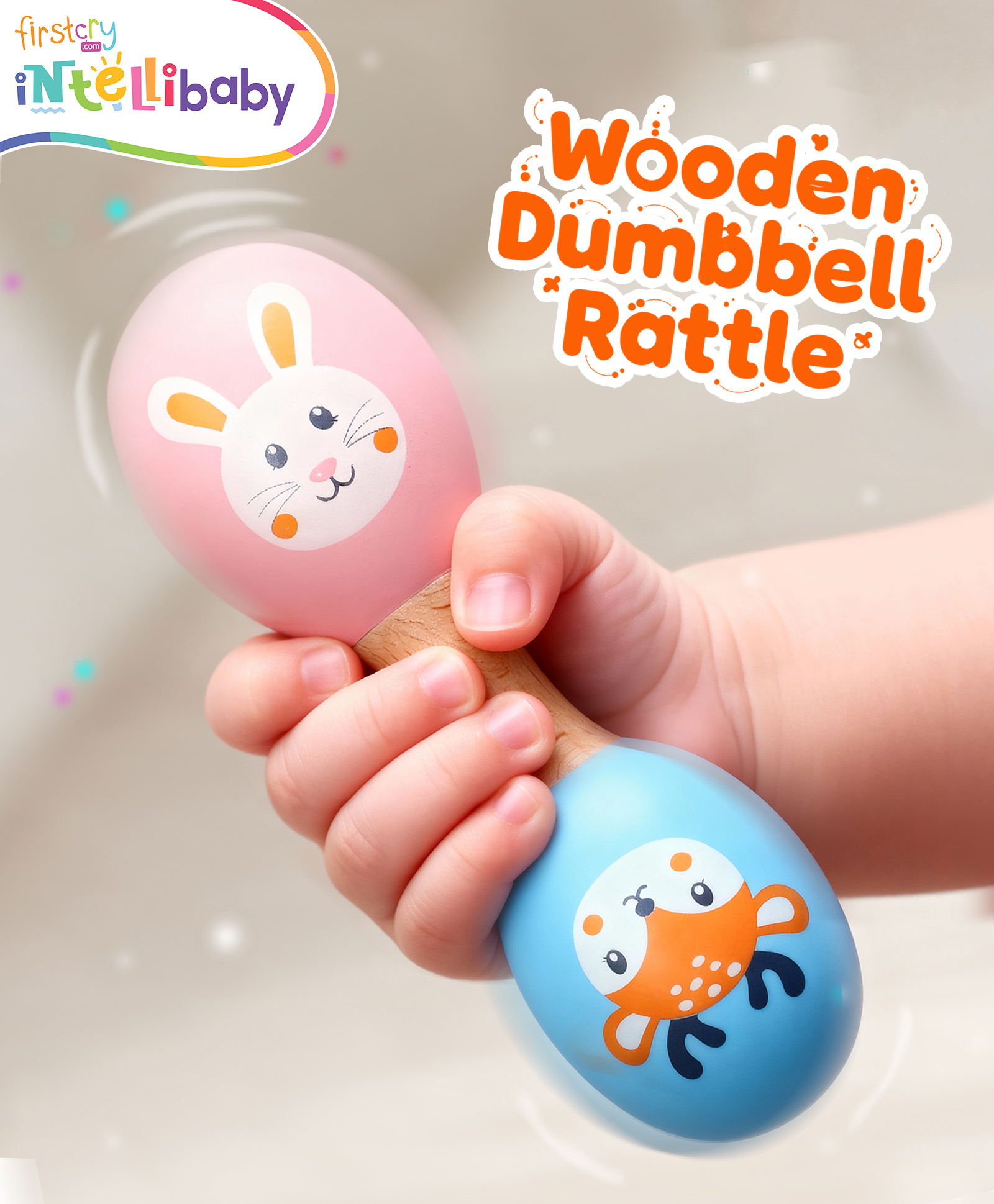 Intellibaby Wooden Dumbbell Handheld Rattle for Babies | Cute Animal Print | Sensory & Motor Skill Infant Toy | Non Toxic & Smooth Finish | Paediatrician Approved | BIS Approved | Ideal for Gifting