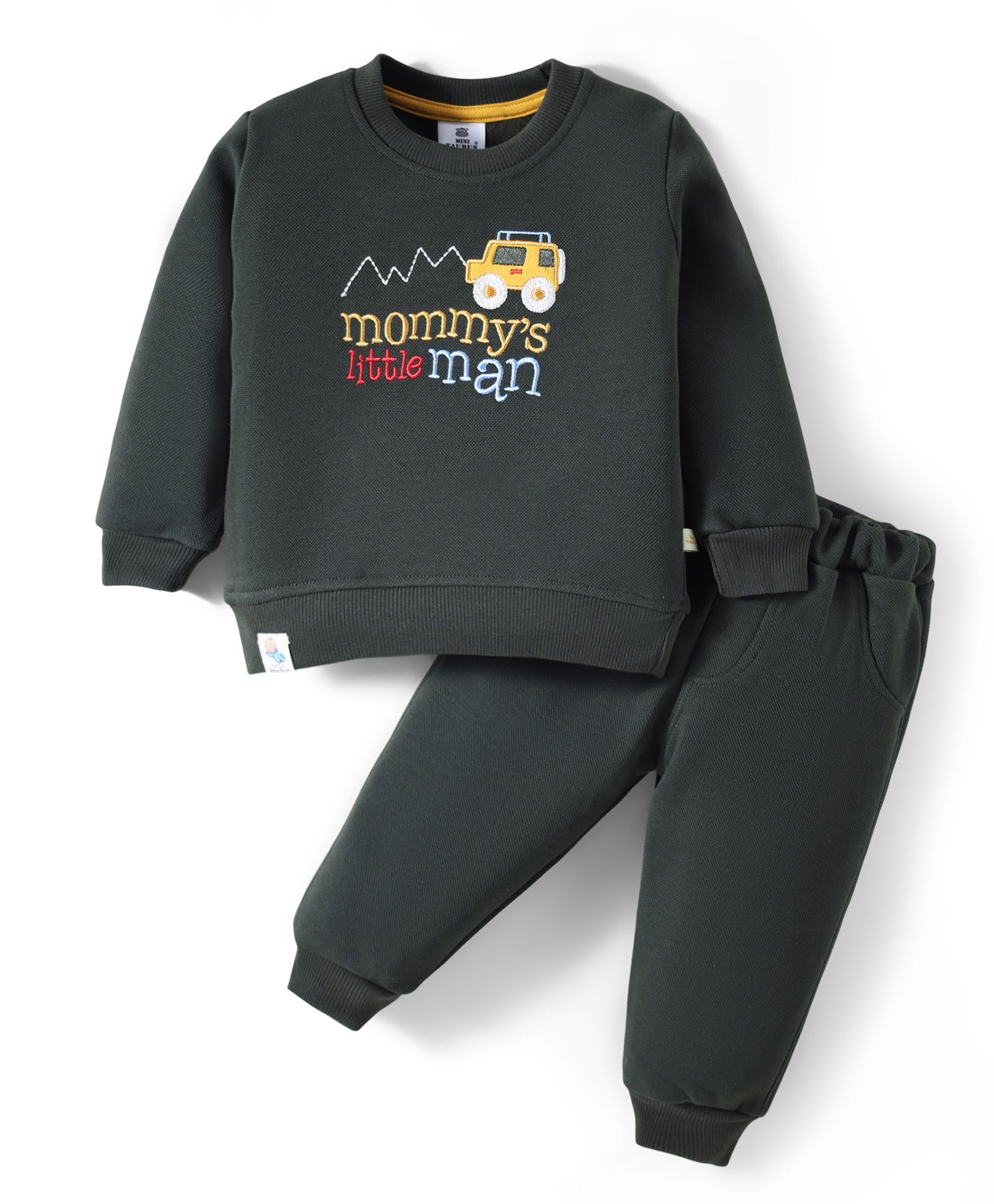 Mini Taurus Fleece Knit Full Sleeves Winter Wear Sweatshirt & Lounge Pant Set With Car Embroidery - Dark Green-image-16