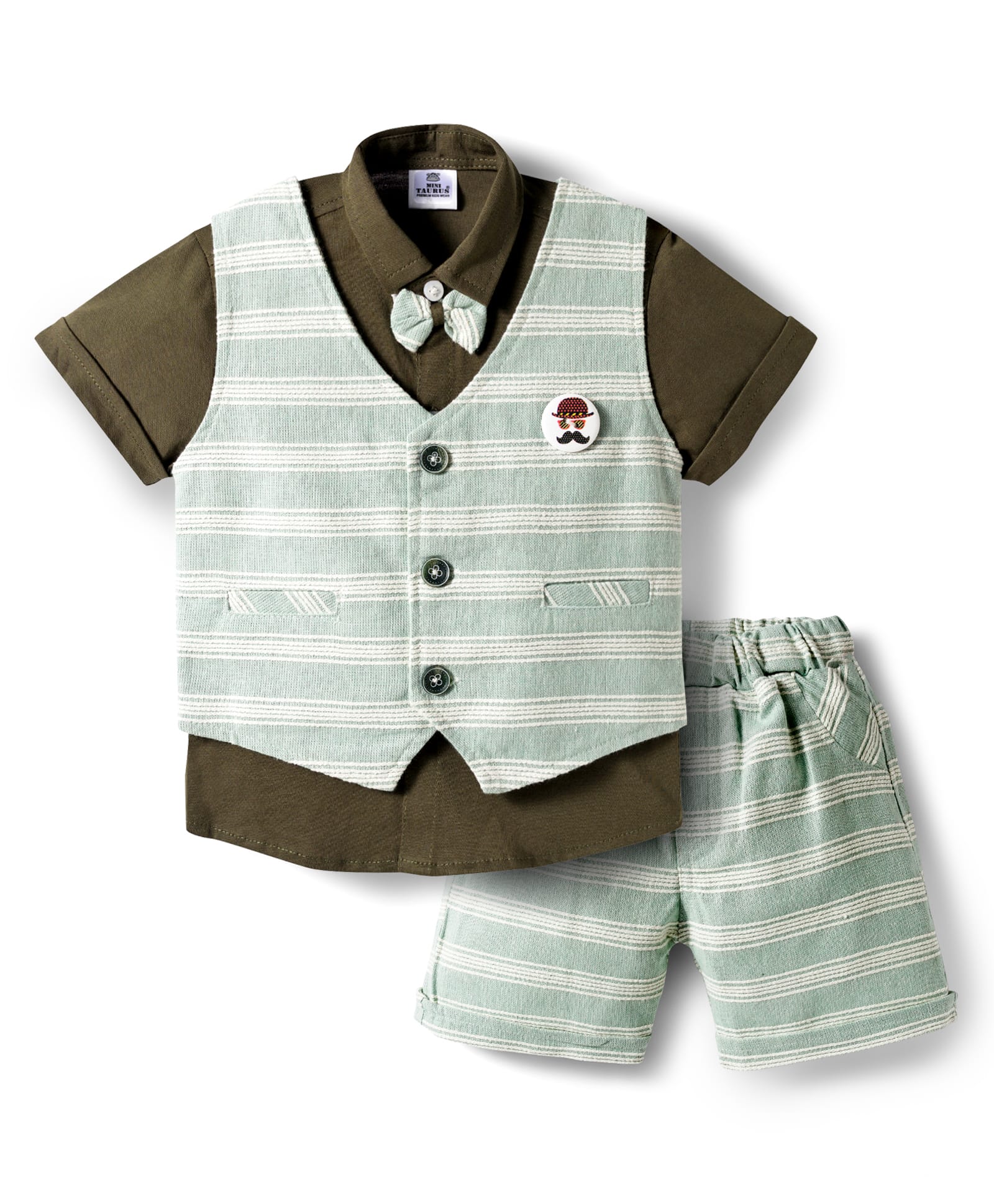 Mini Taurus Sinker Knit Half Sleeves Striped 3 Piece Party Suit With Bow Applique - Olive Green-image-27