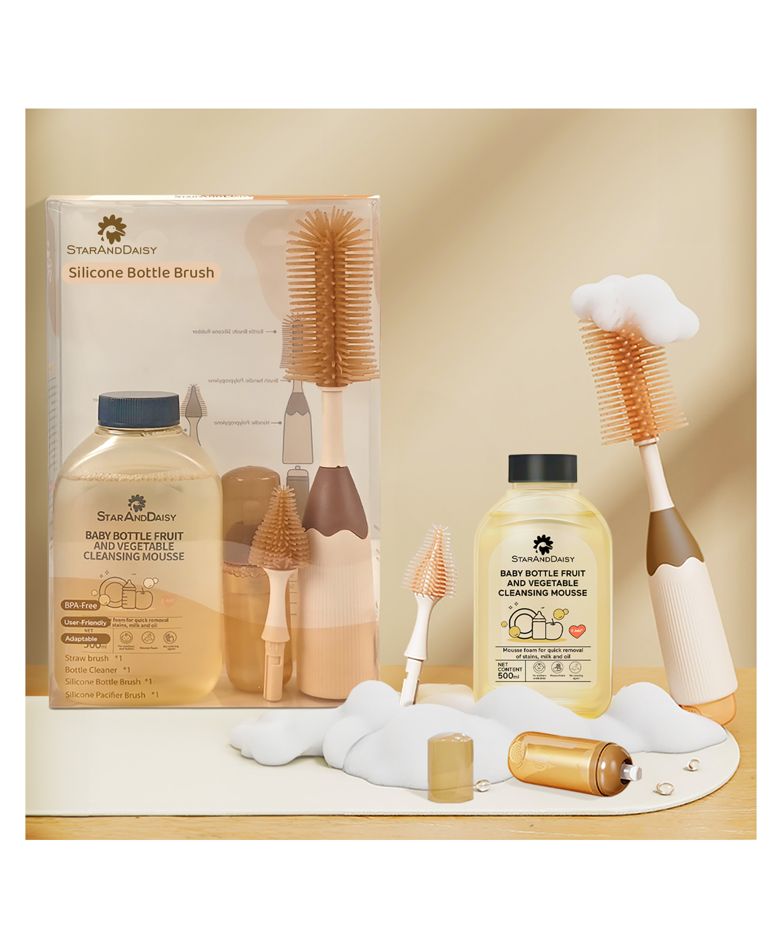 StarAndDaisy Baby Bottle Cleaning Brush Set with Silicone Bristle, 360° Cleaning Bottle Brush with 500 ml Bottle Cleaner & Long Handle, Easy to Clean Narrow & Wide Neck Bottles, Beige-image-2